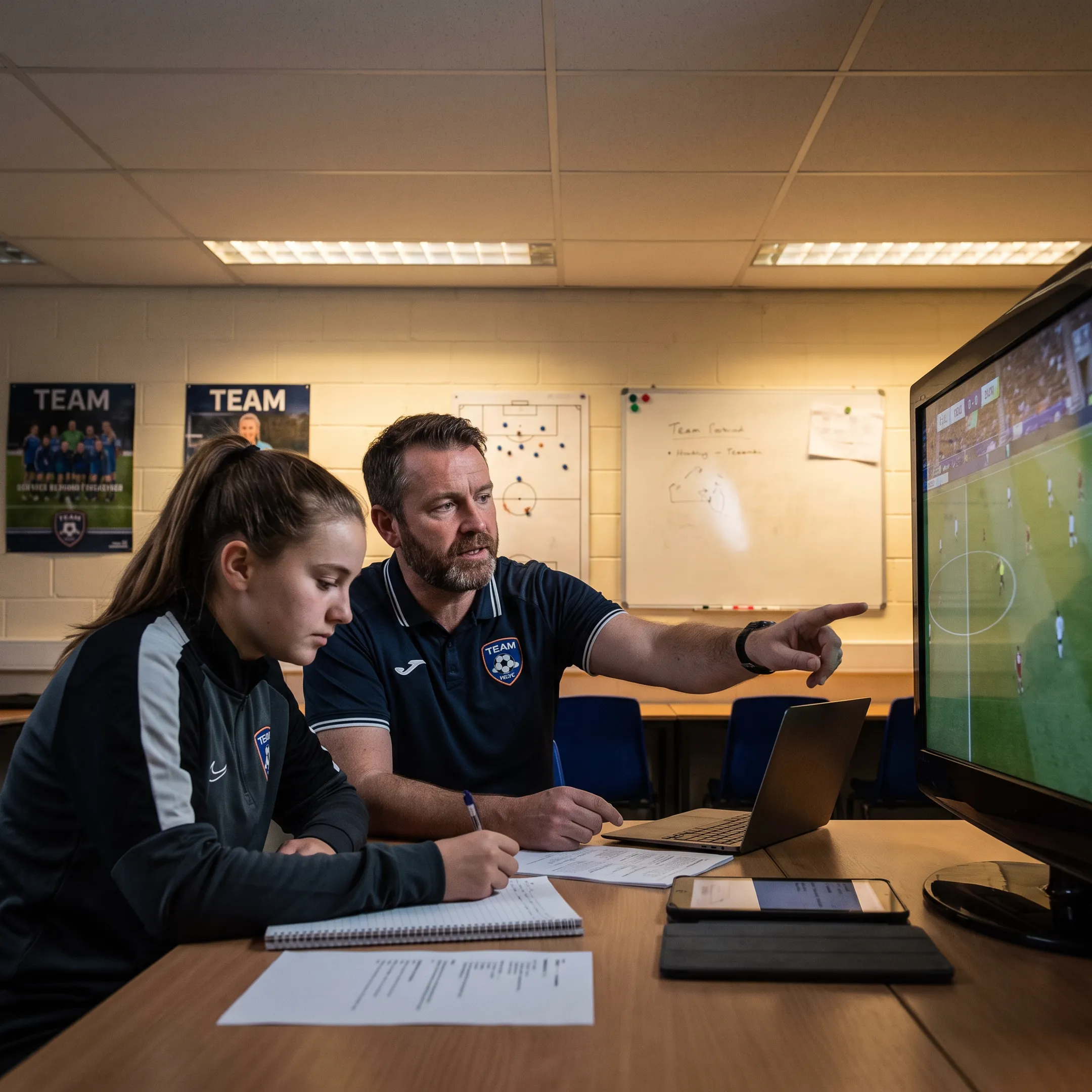 Coach reviewing soccer match footage with a young player