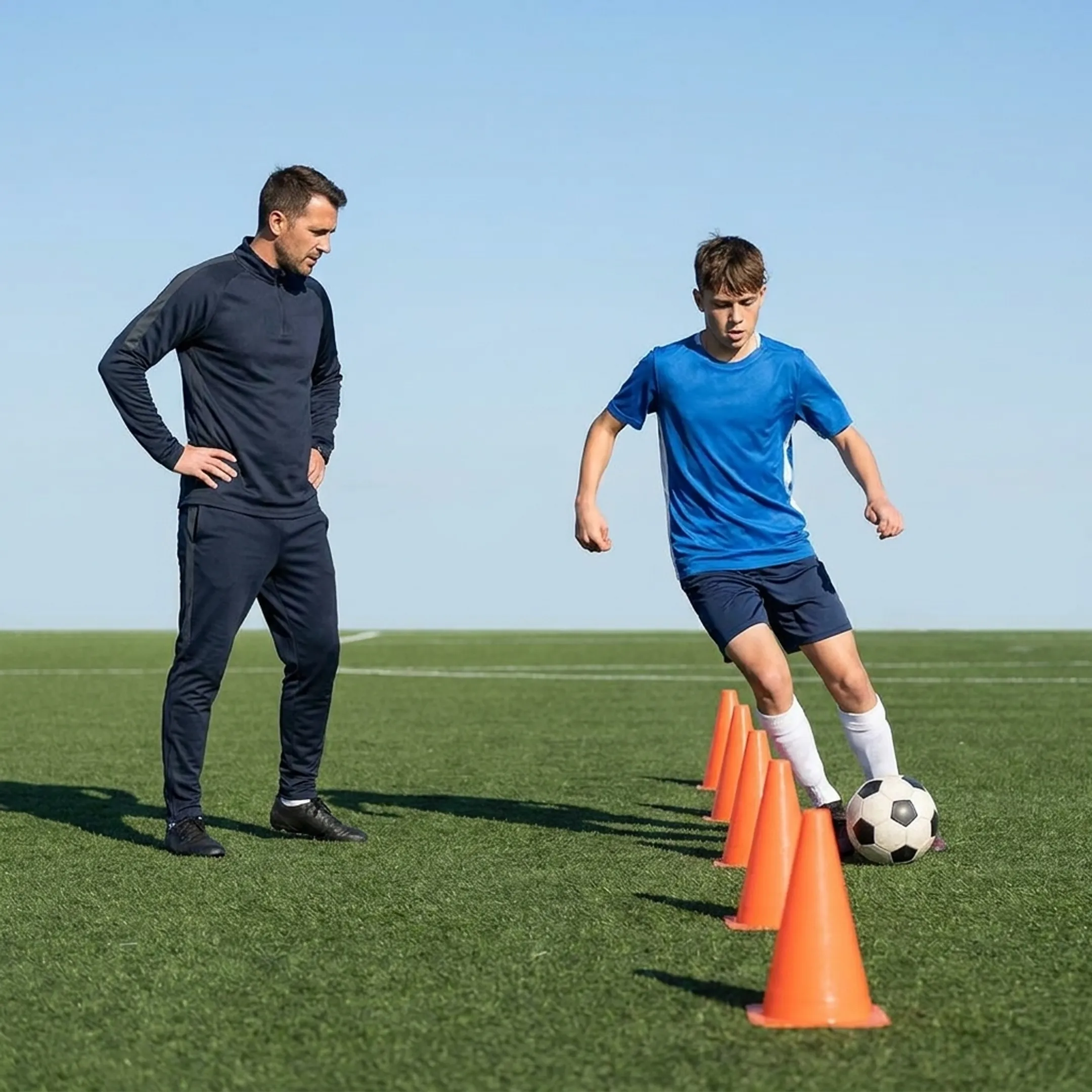Soccer coach conducting an individualized one-on-one training drill on an outdoor turf pitch