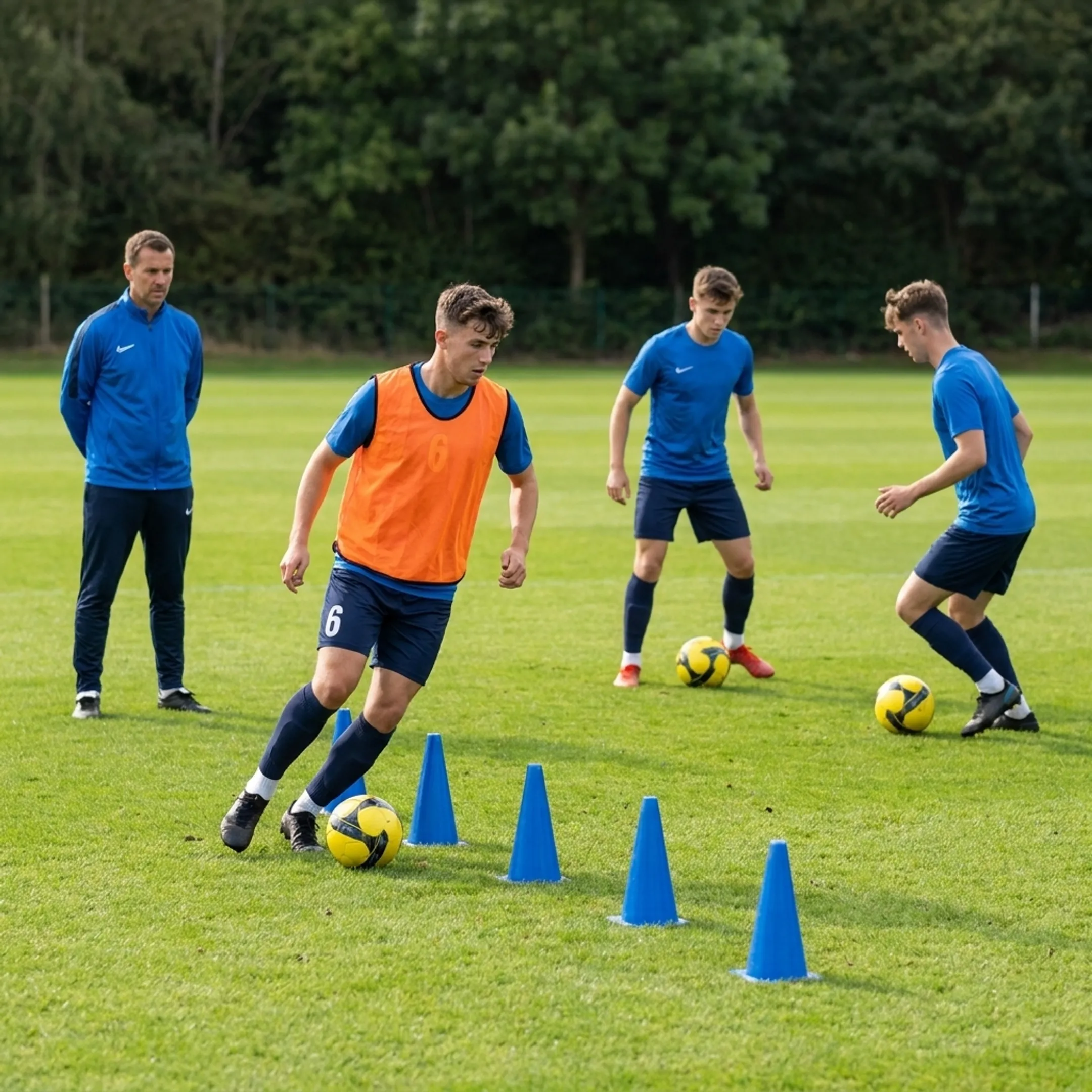 Youth soccer players executing football academy training drills on a field