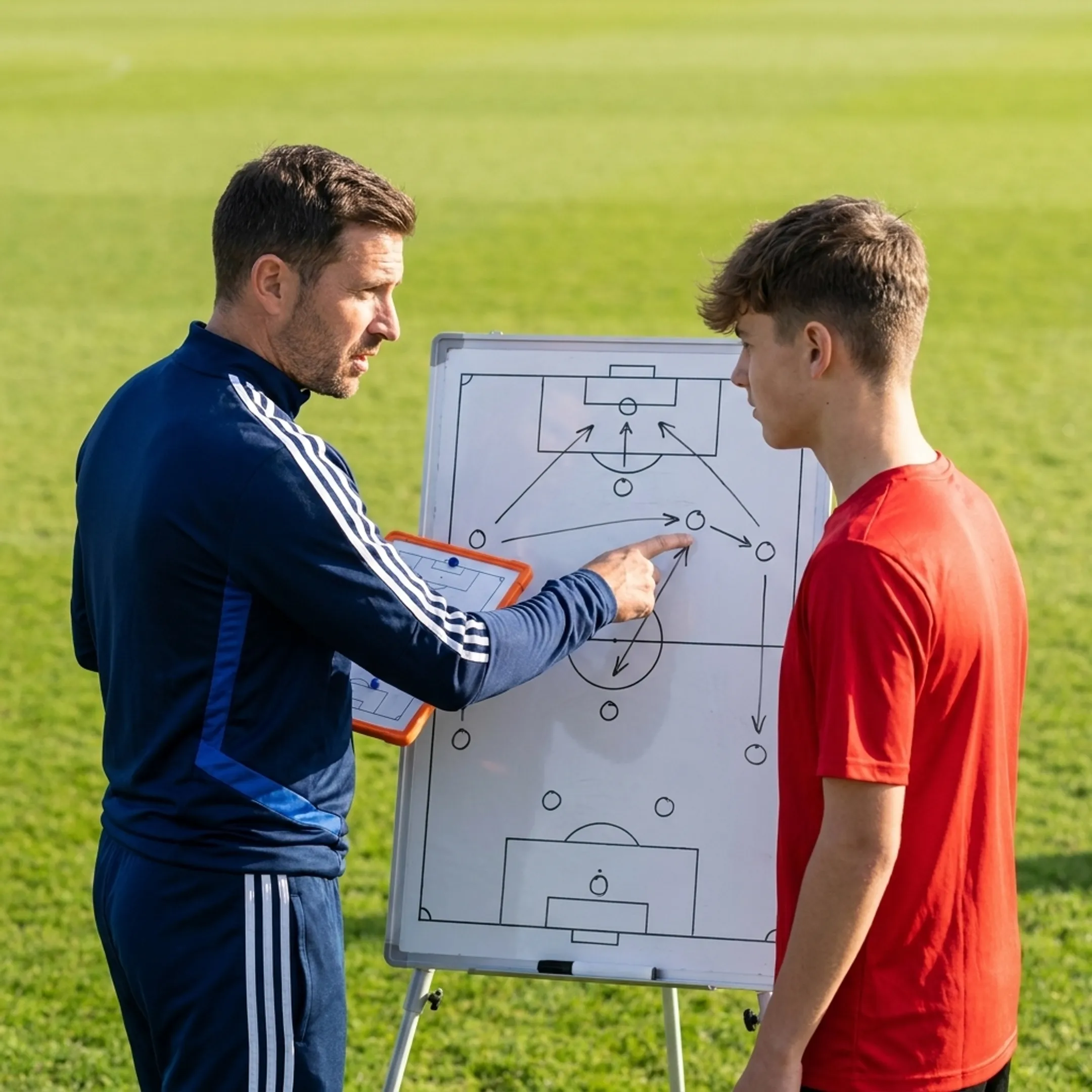 Soccer coach instructing youth player with match analysis clipboard on pitch
