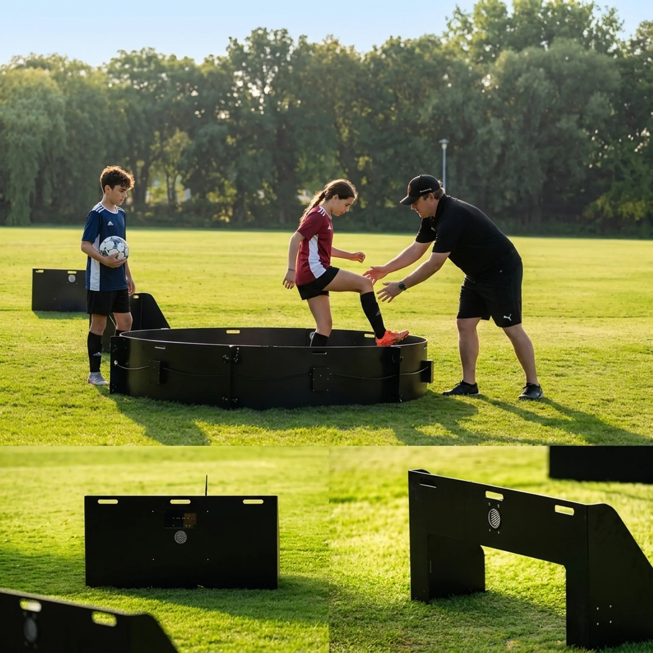 Coach demonstrating passing technique to beginner soccer players
