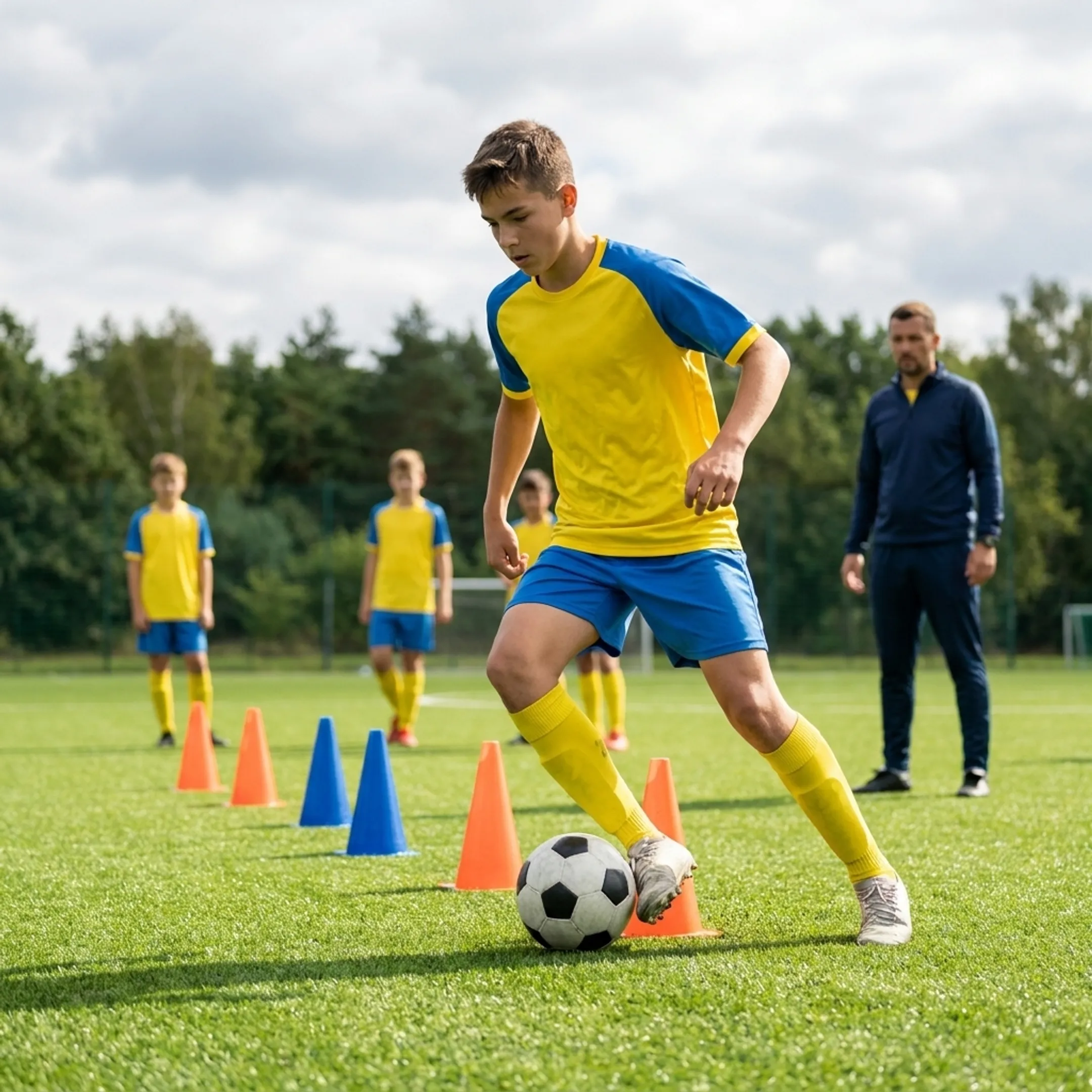 Beginner soccer player practicing ball control on a training pitch