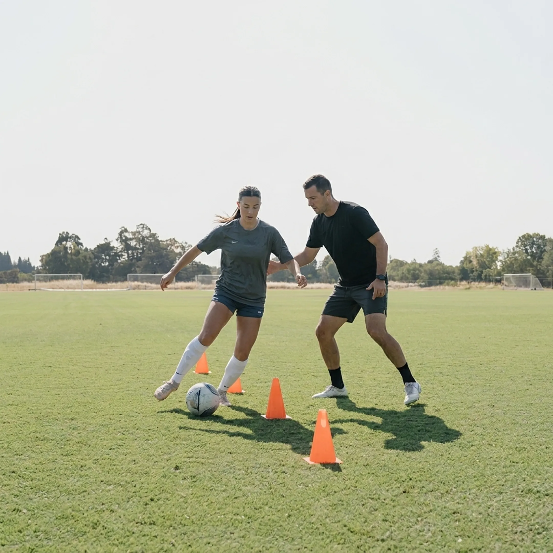 Soccer trainer instructing youth athlete during individual technical drill
