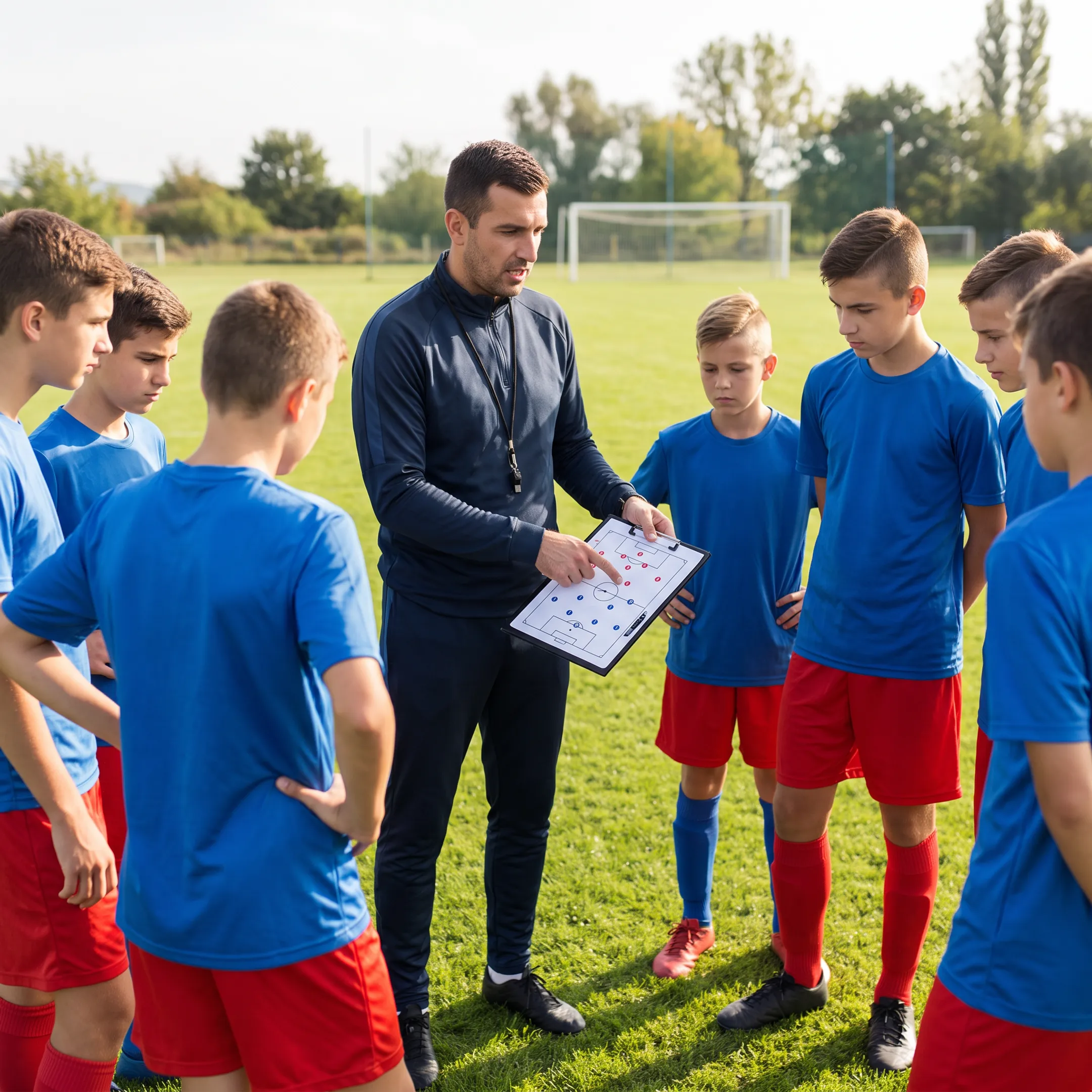 Coach demonstrating a tactical soccer play on a clipboard to youth players