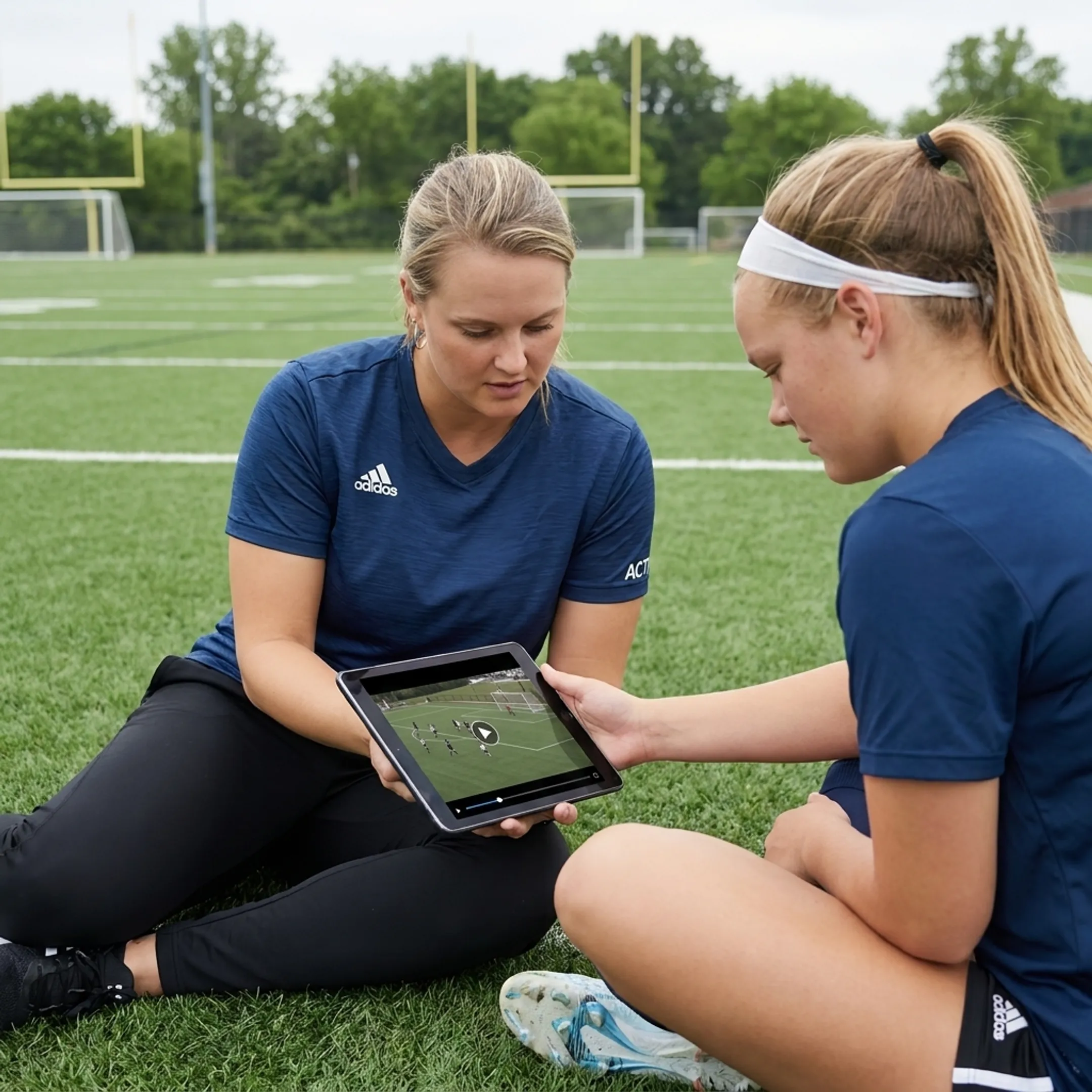 Soccer coach reviewing tactical match footage with a youth player