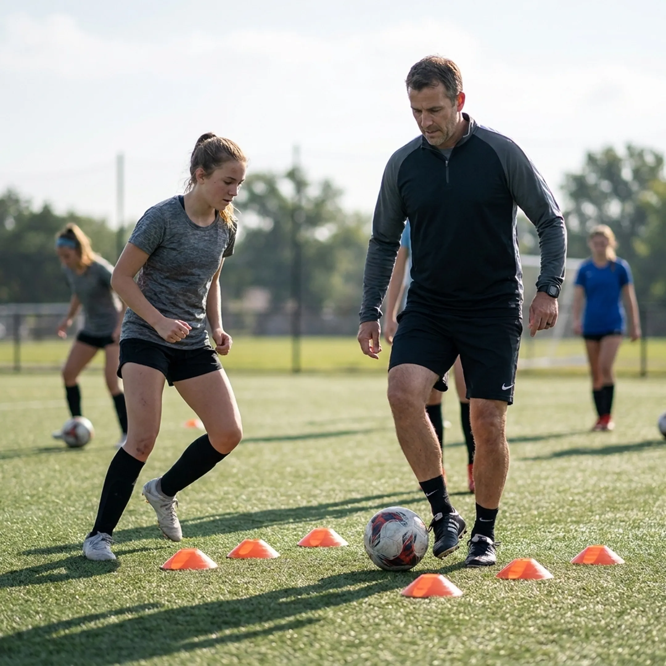Soccer coach working on technical passing drills with a player on a turf field
