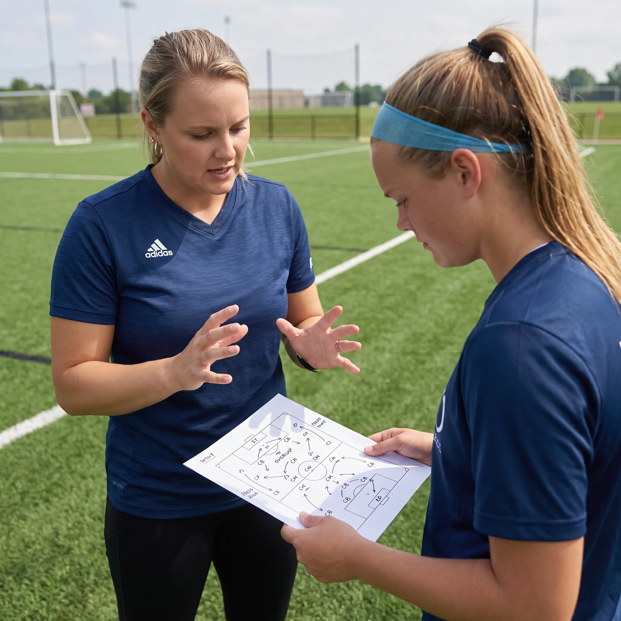 Soccer coach reviewing tactical match movements on a tablet with an athlete