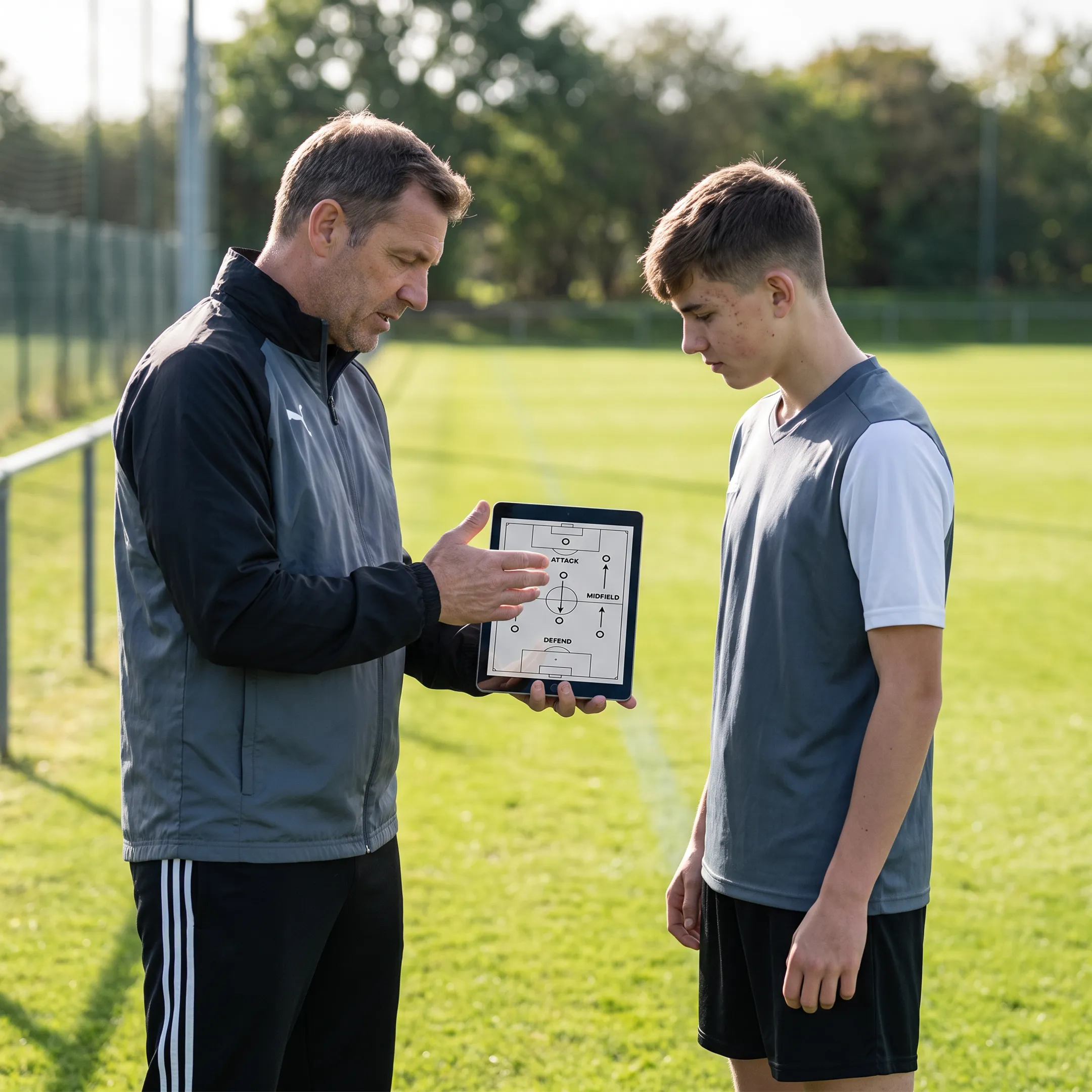 Soccer coach reviewing performance data and match video with an athlete