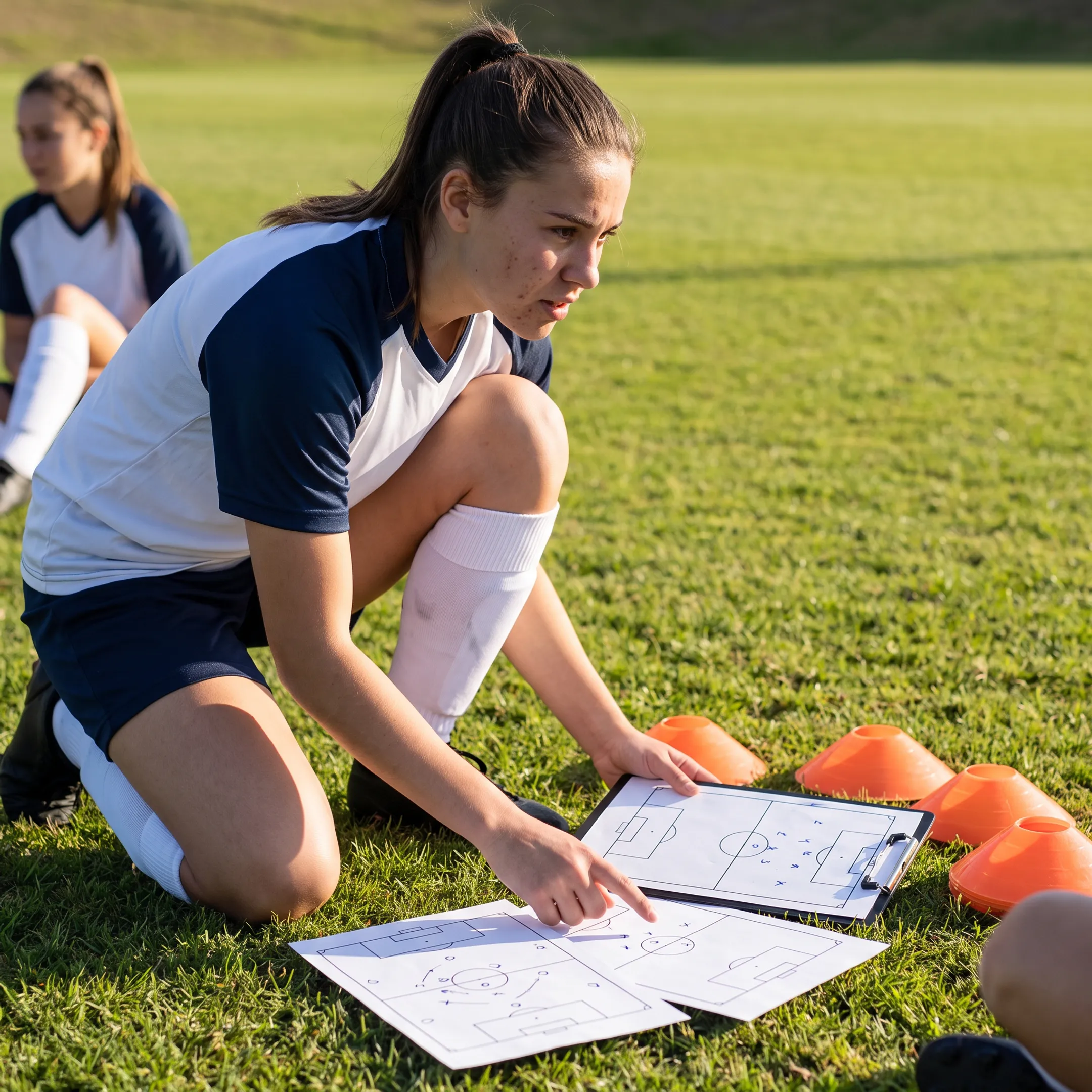 Youth soccer player analyzing tactical positioning during training