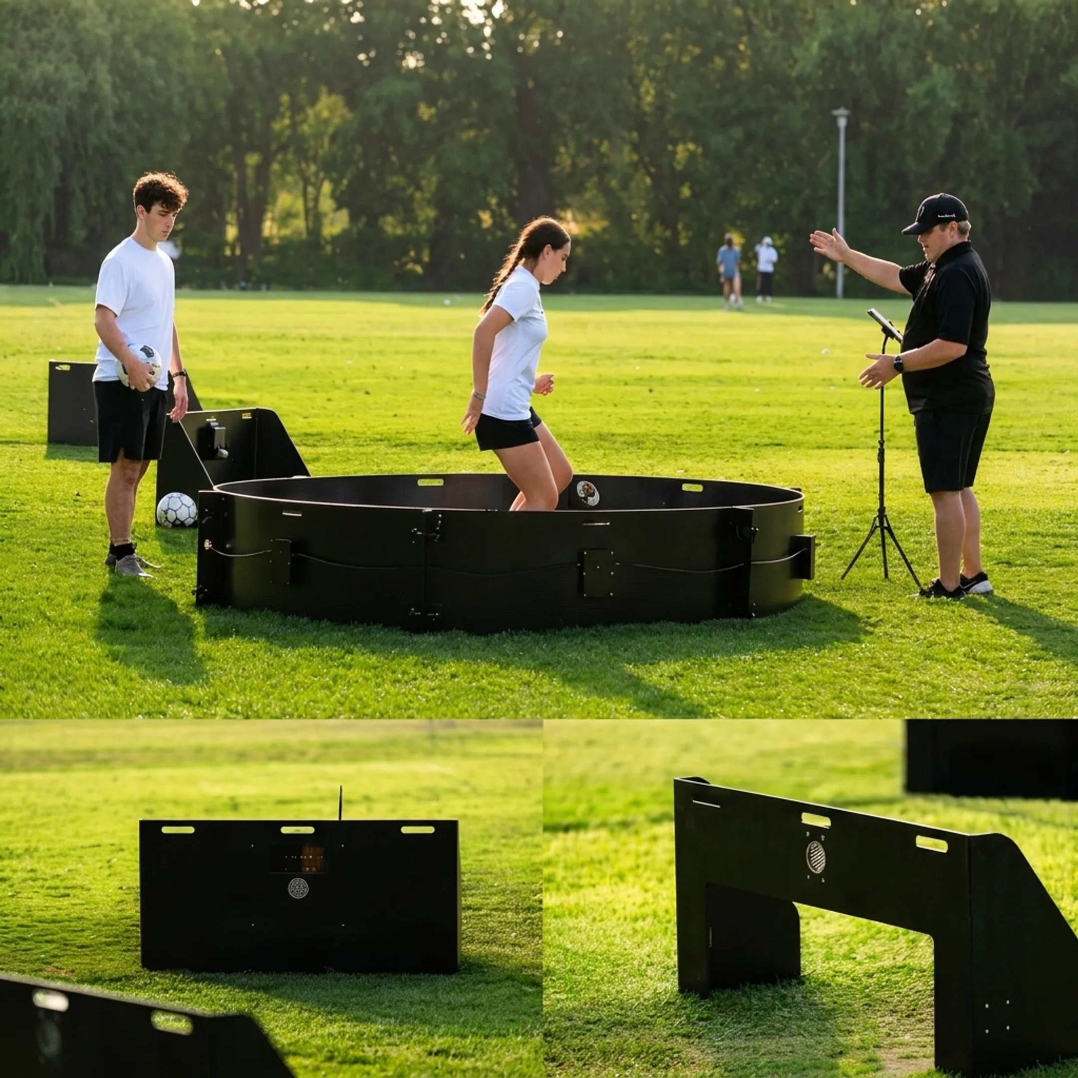 Soccer coach demonstrating tactical positioning drill on field