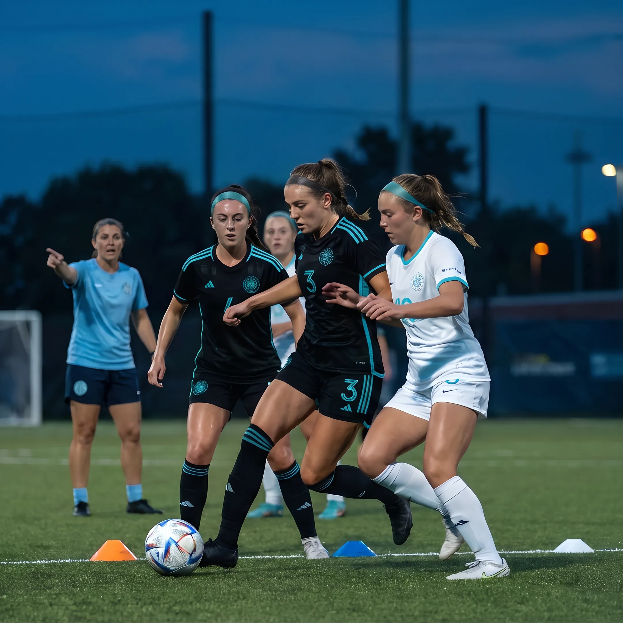Professional soccer coaching session focusing on tactical drills and ball control