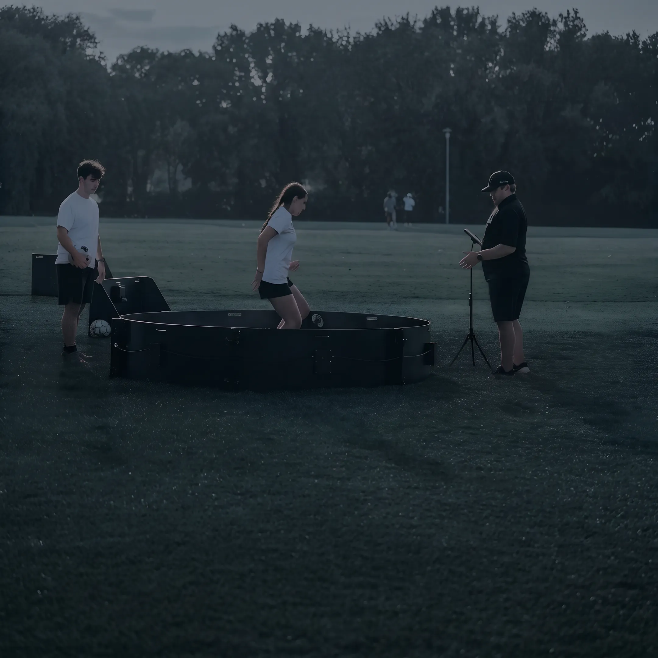 Soccer coach directing players on a training field