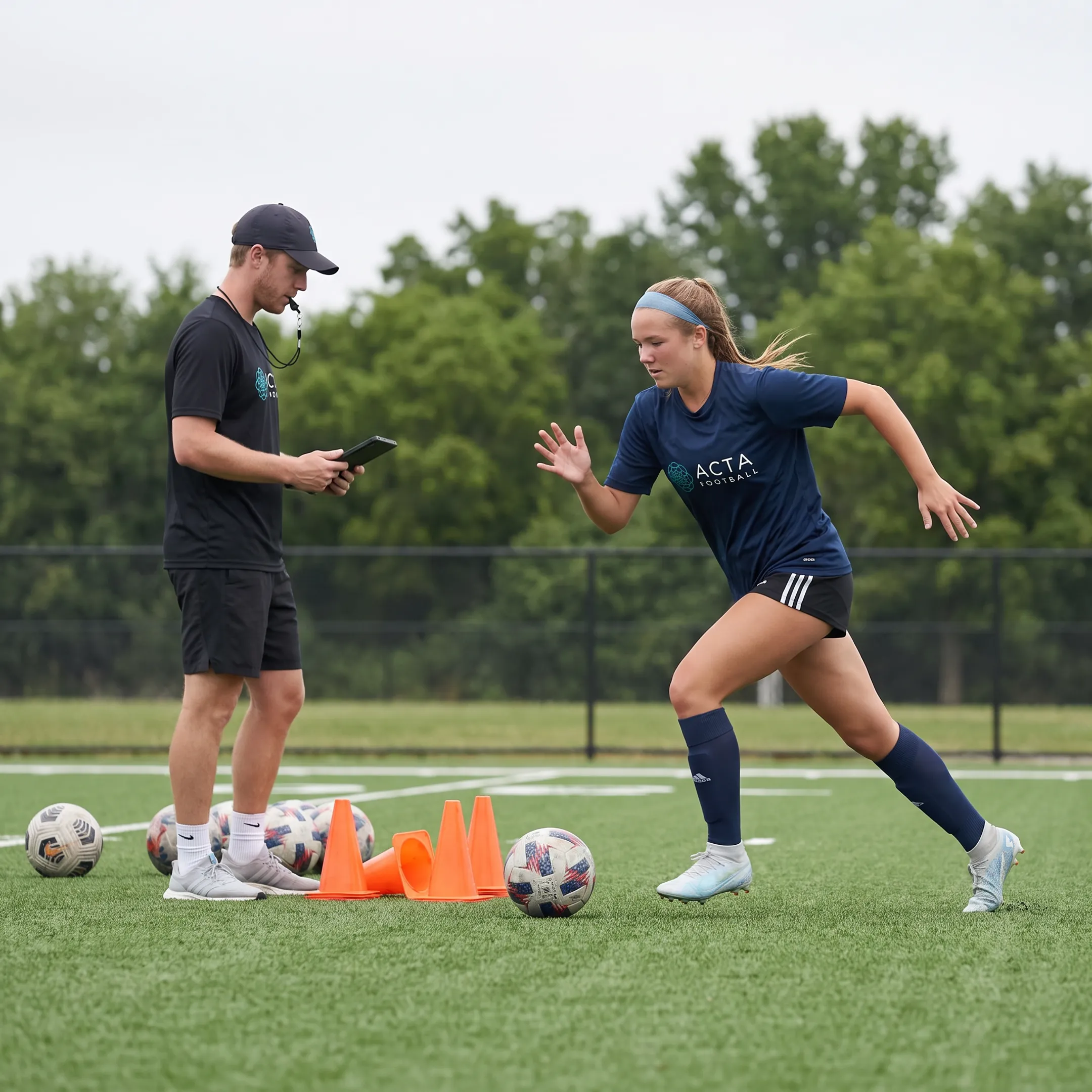 Soccer coach working one-on-one with a player on decision-making drills
