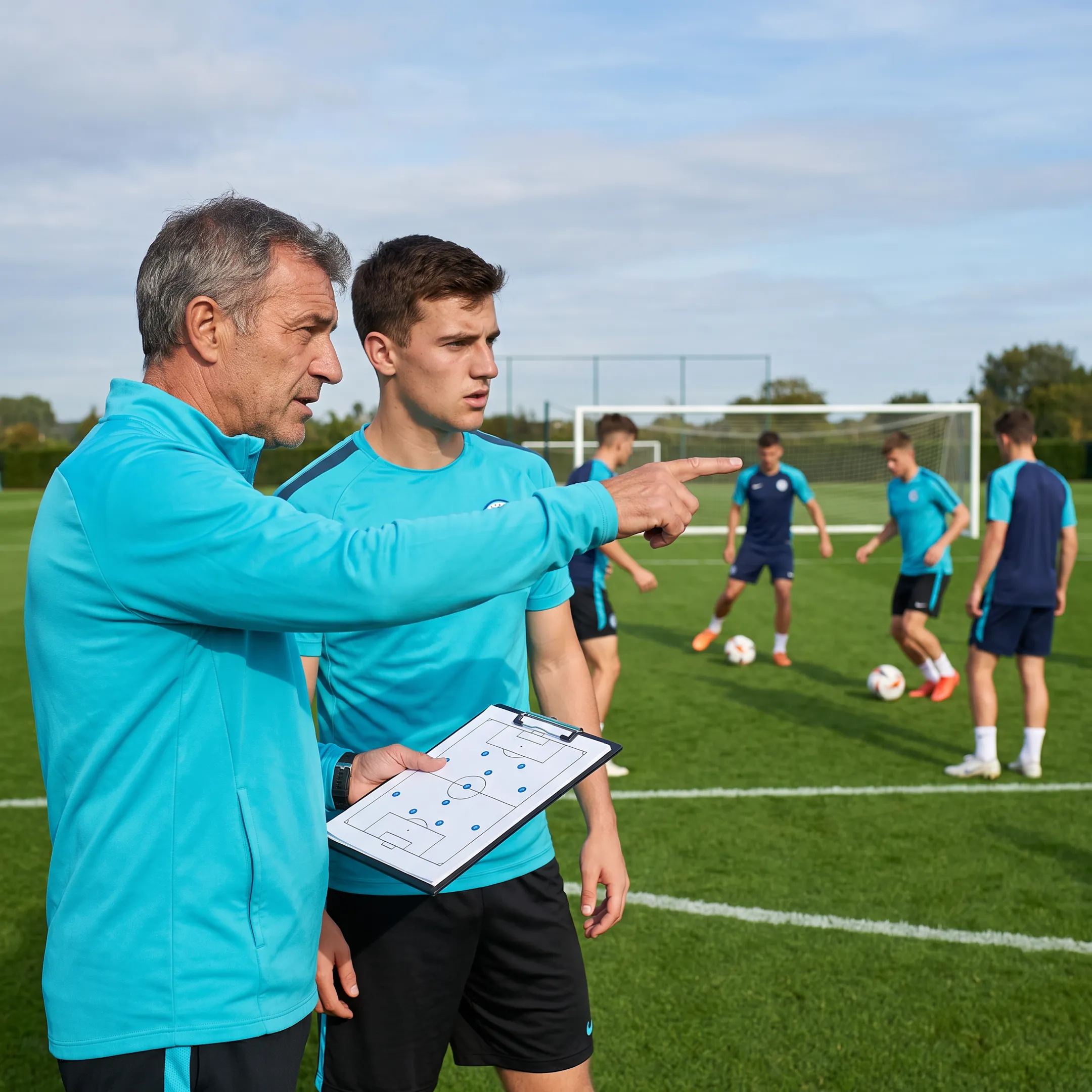 Close-up of coach reviewing match tactics with an athlete on a clipboard