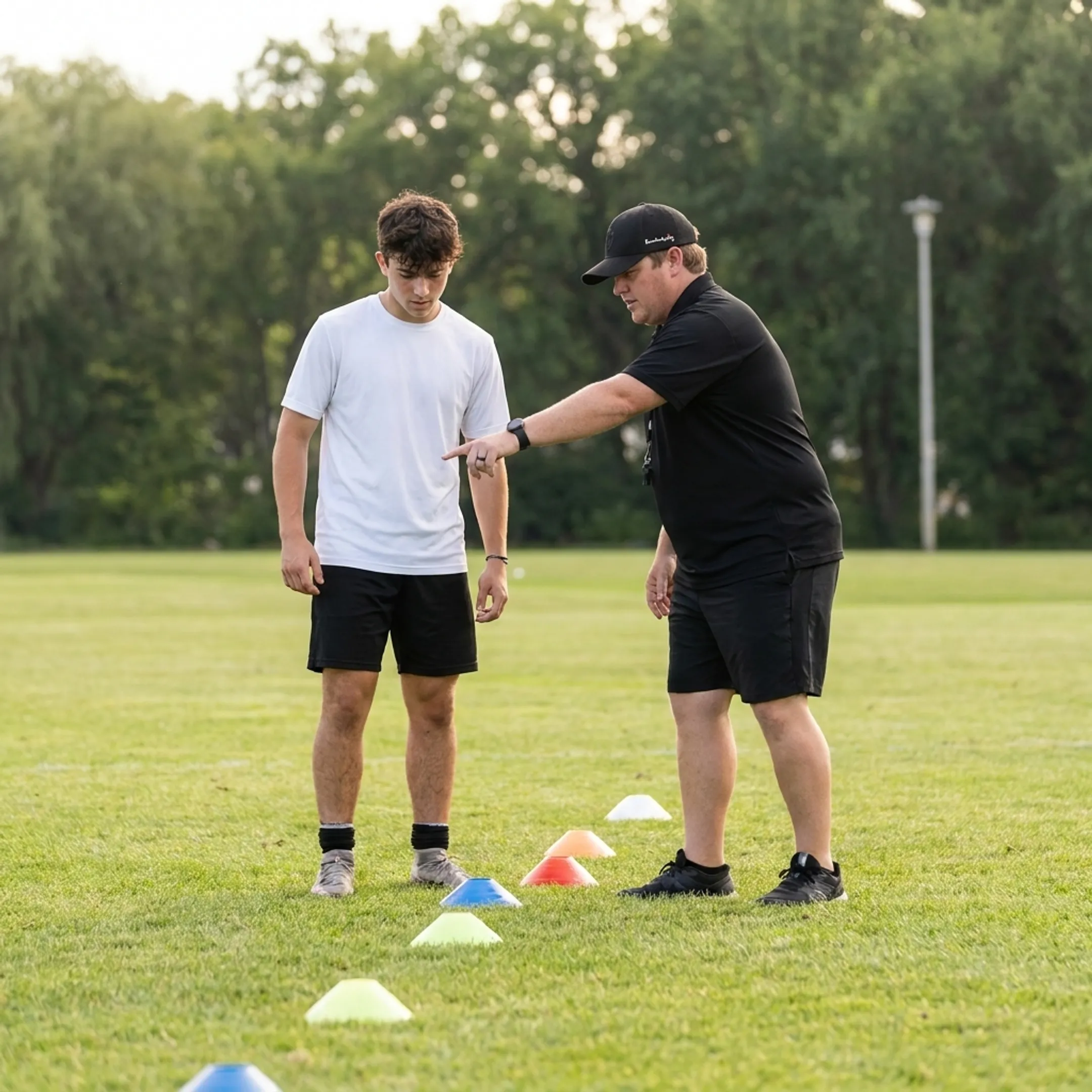 Soccer coach demonstrating tactical positioning on pitch