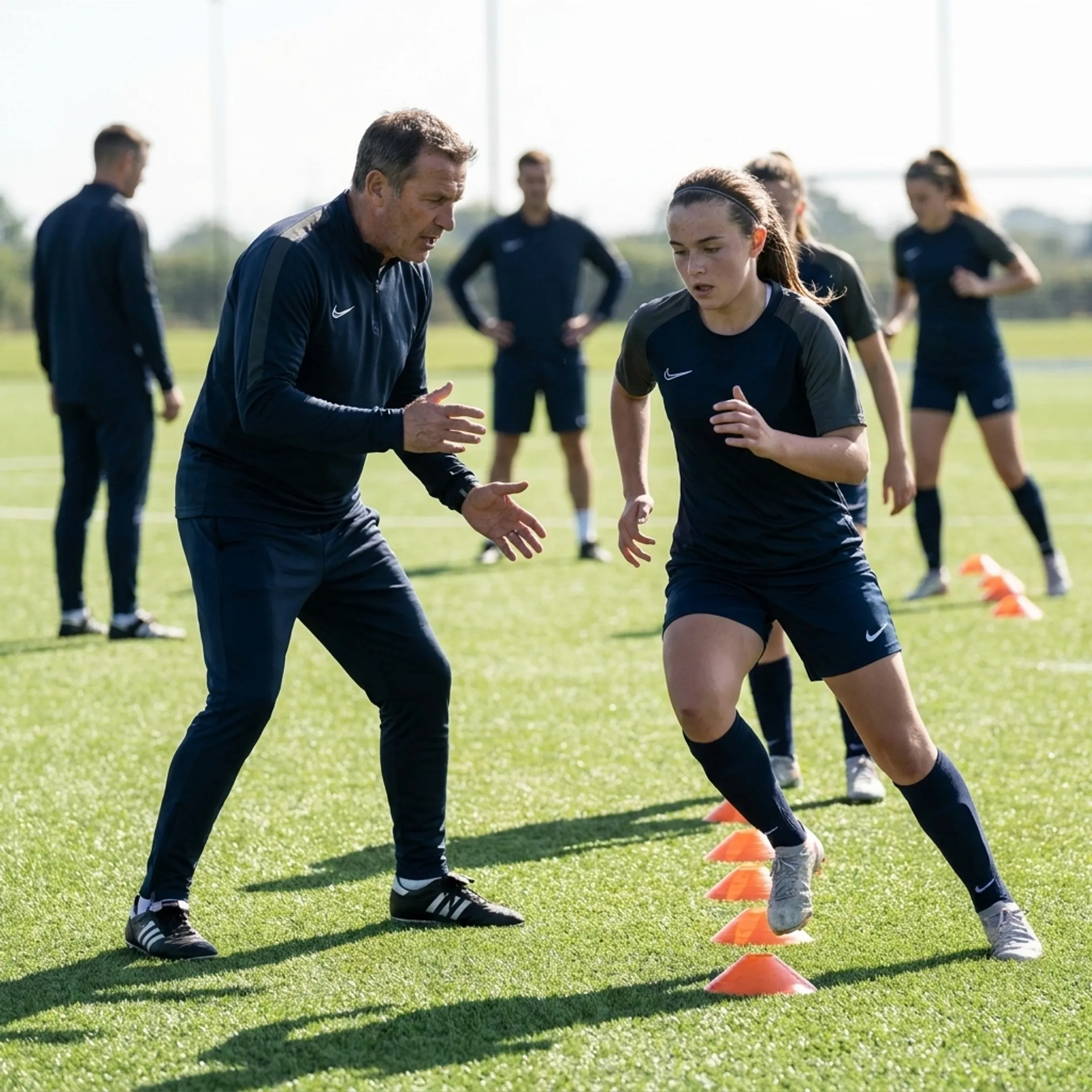 Private soccer coach instructing a player during individual training