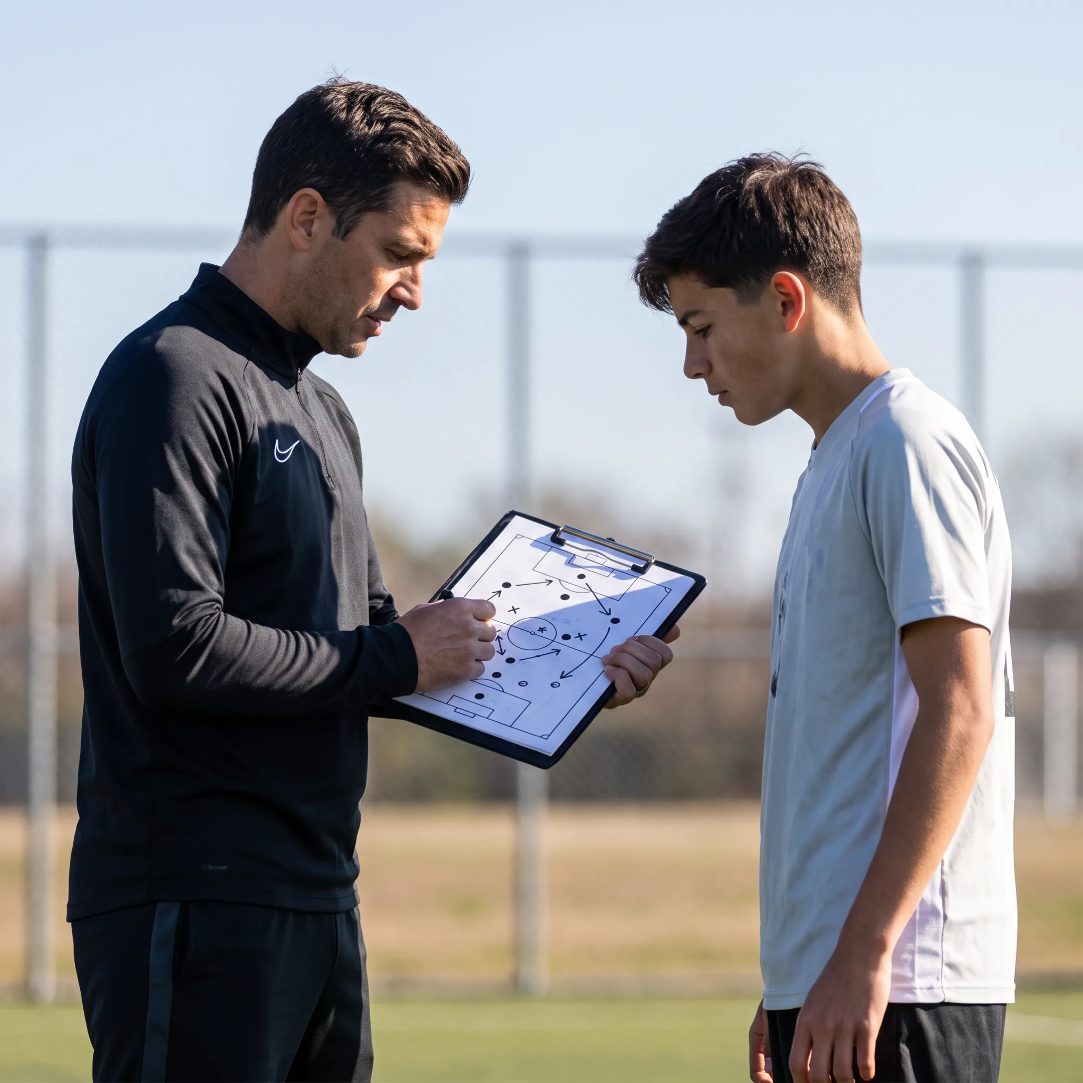 Private soccer coach discussing tactics with a young athlete