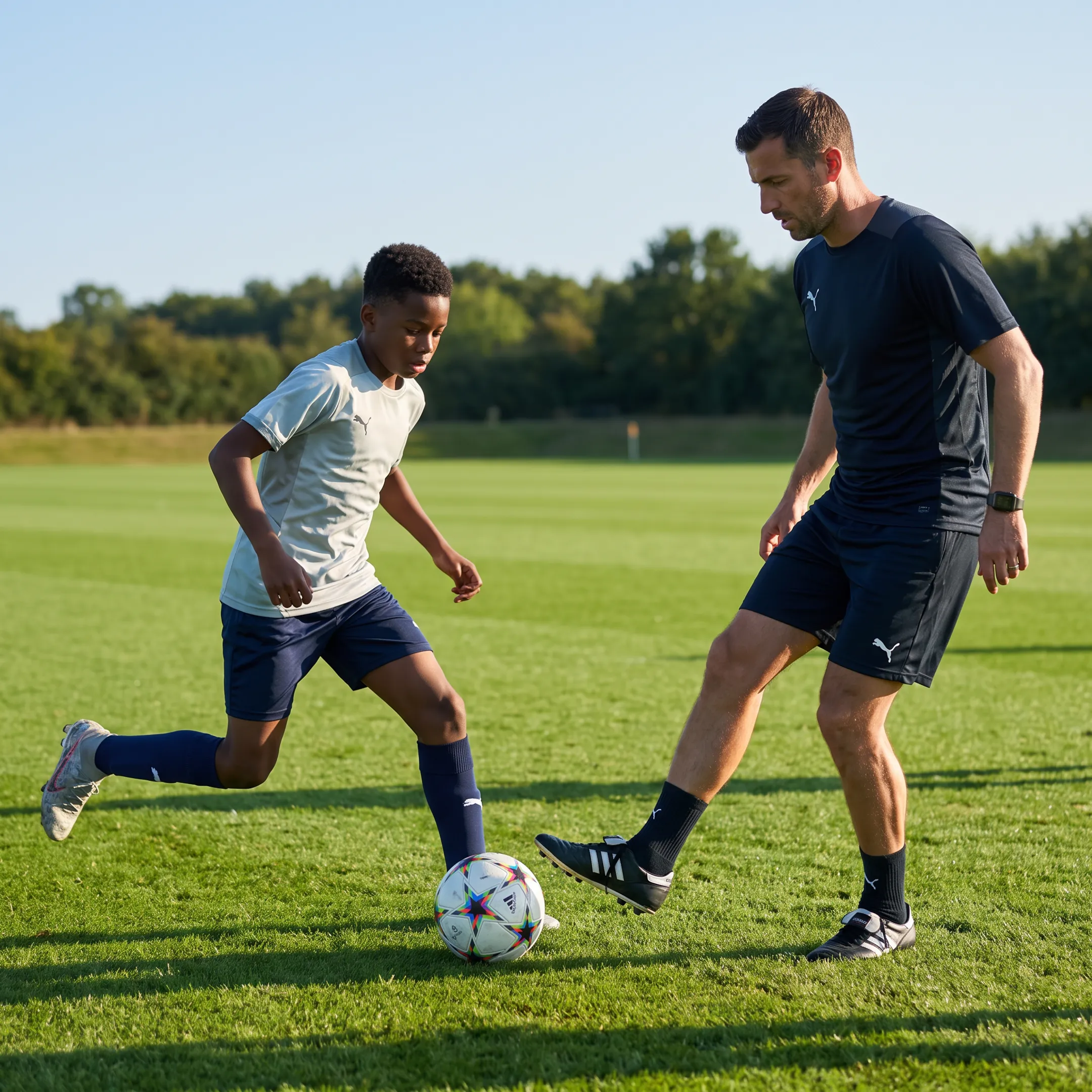 Soccer coach guiding an athlete through individual footwork drills on a training field