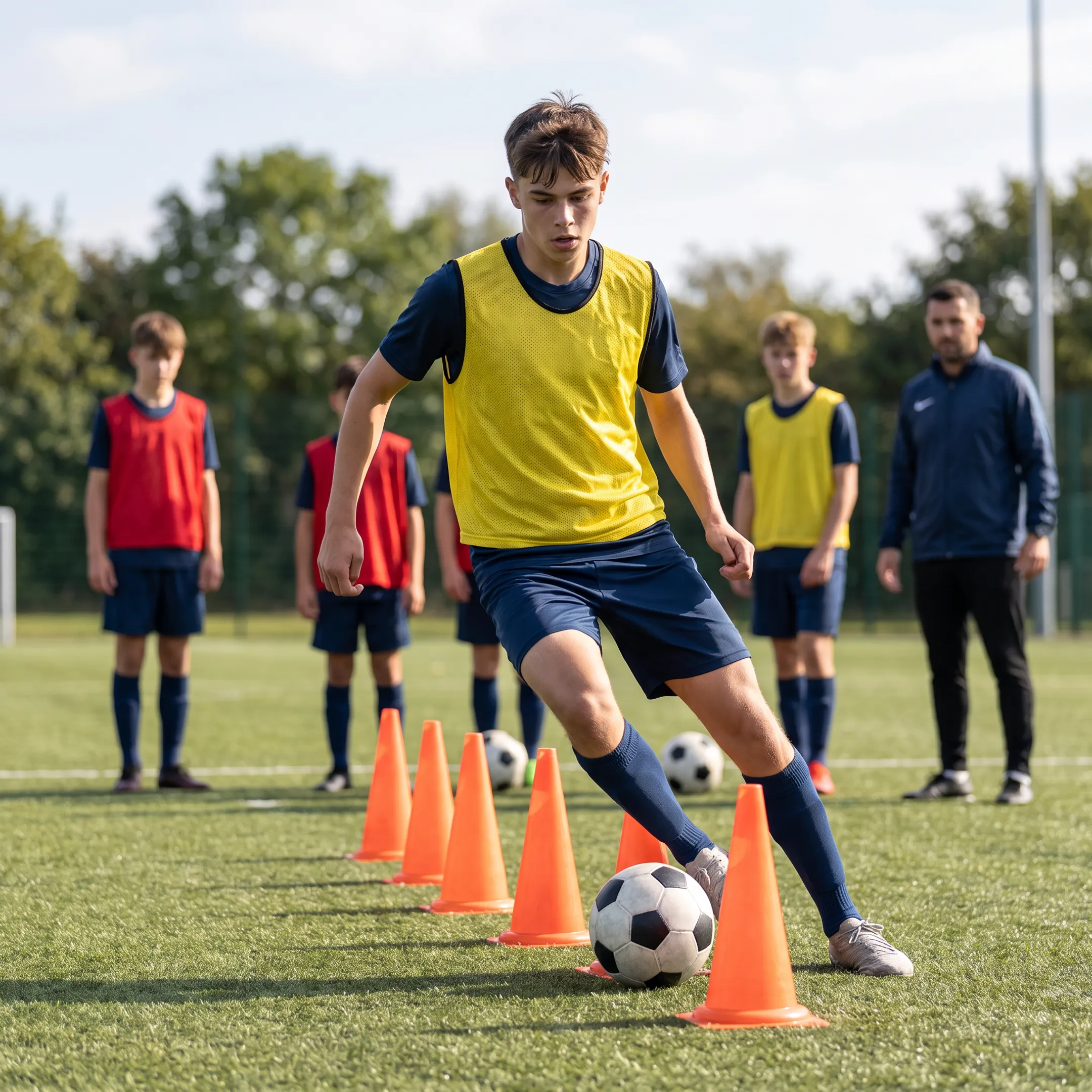Youth soccer player dribbling through cones during technical training