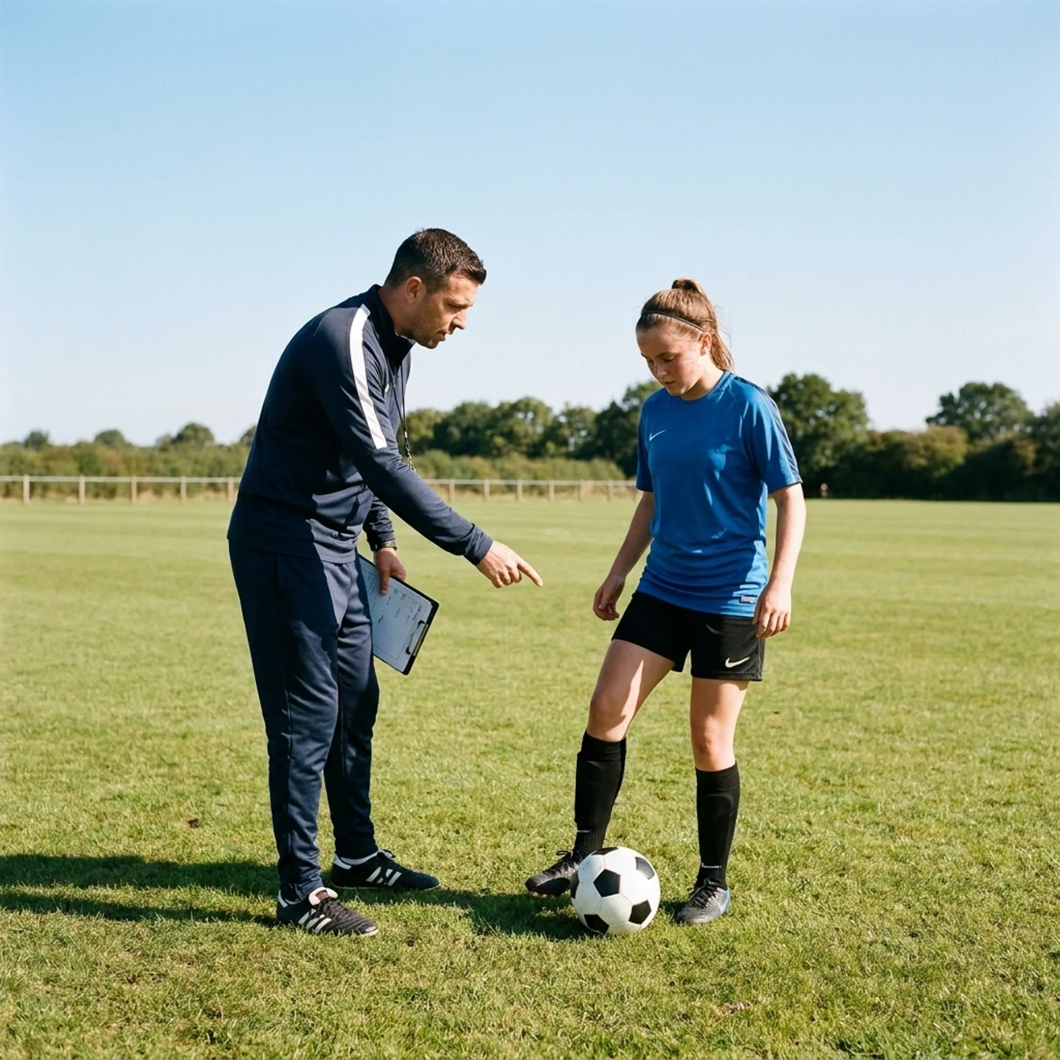 Private football coaching session with coach and player on pitch