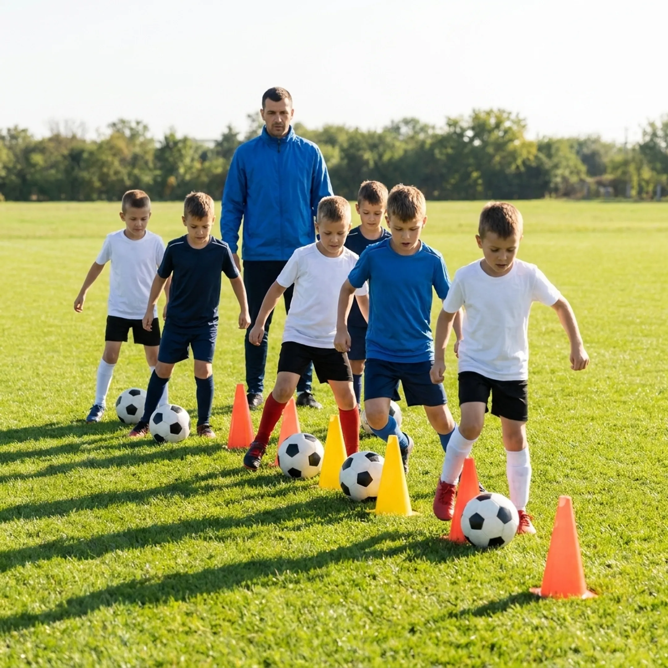 Youth soccer players participating in cognitive and technical drills during a training session