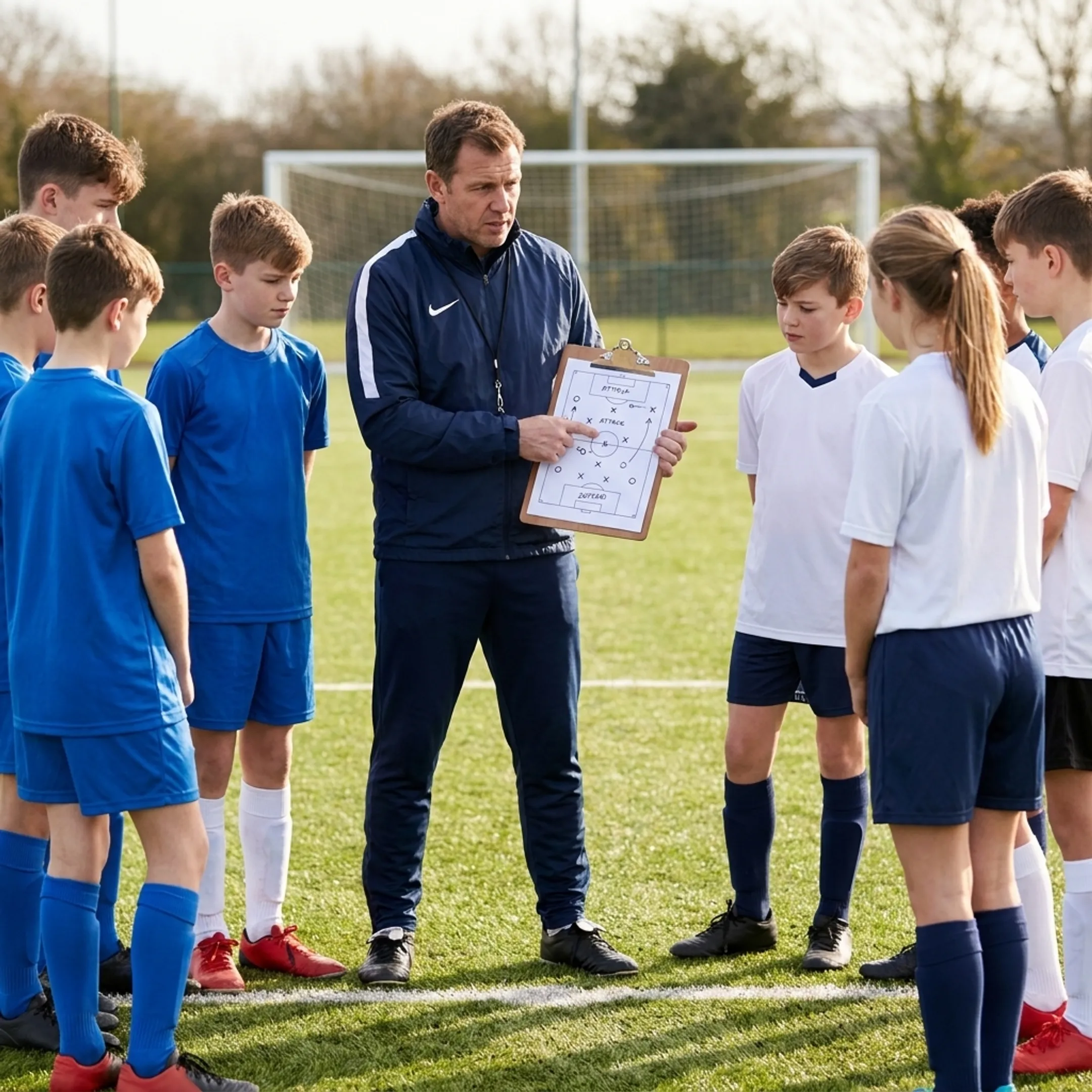 Soccer coach giving tactical instructions to players during training