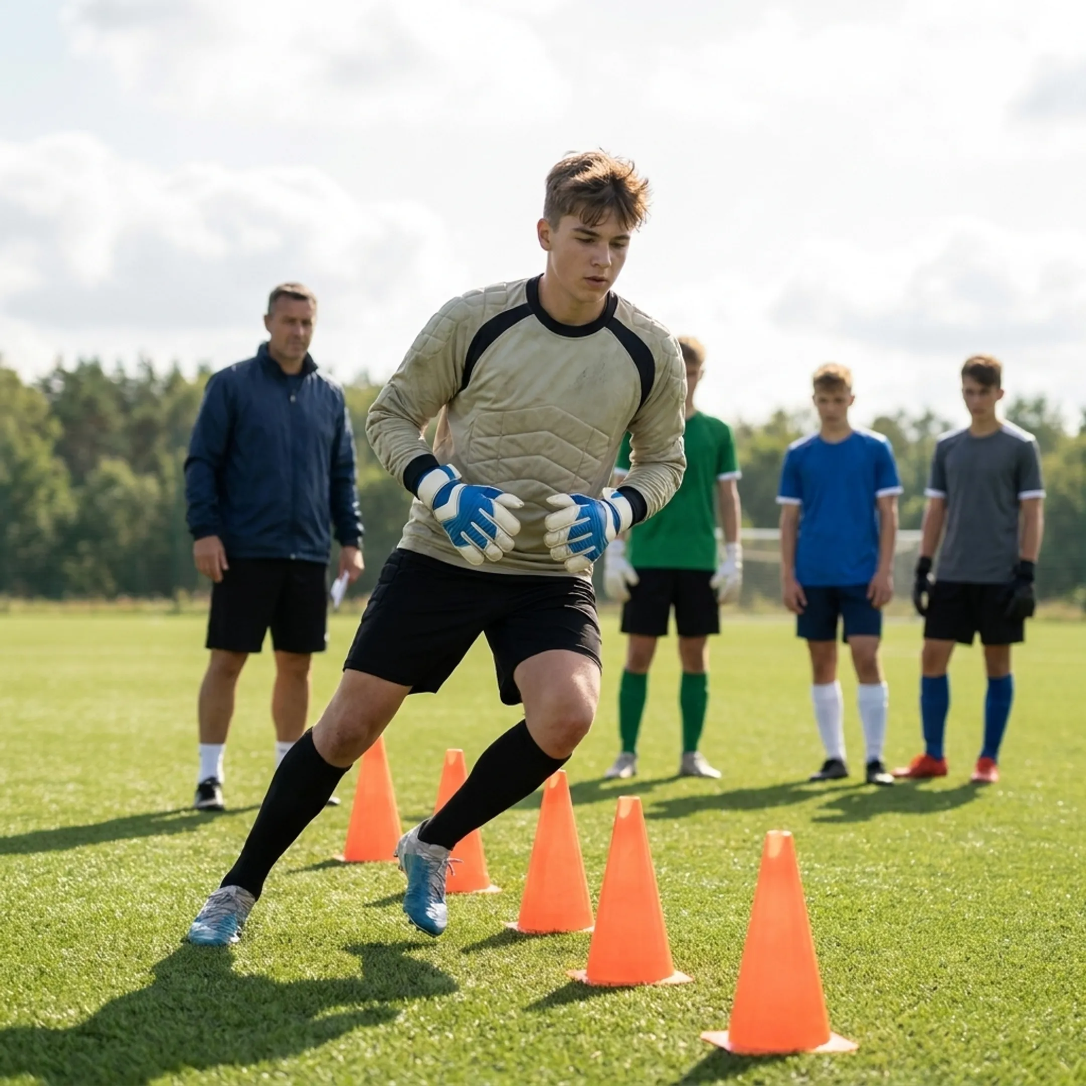Soccer goalkeeper performing agility drill between training cones