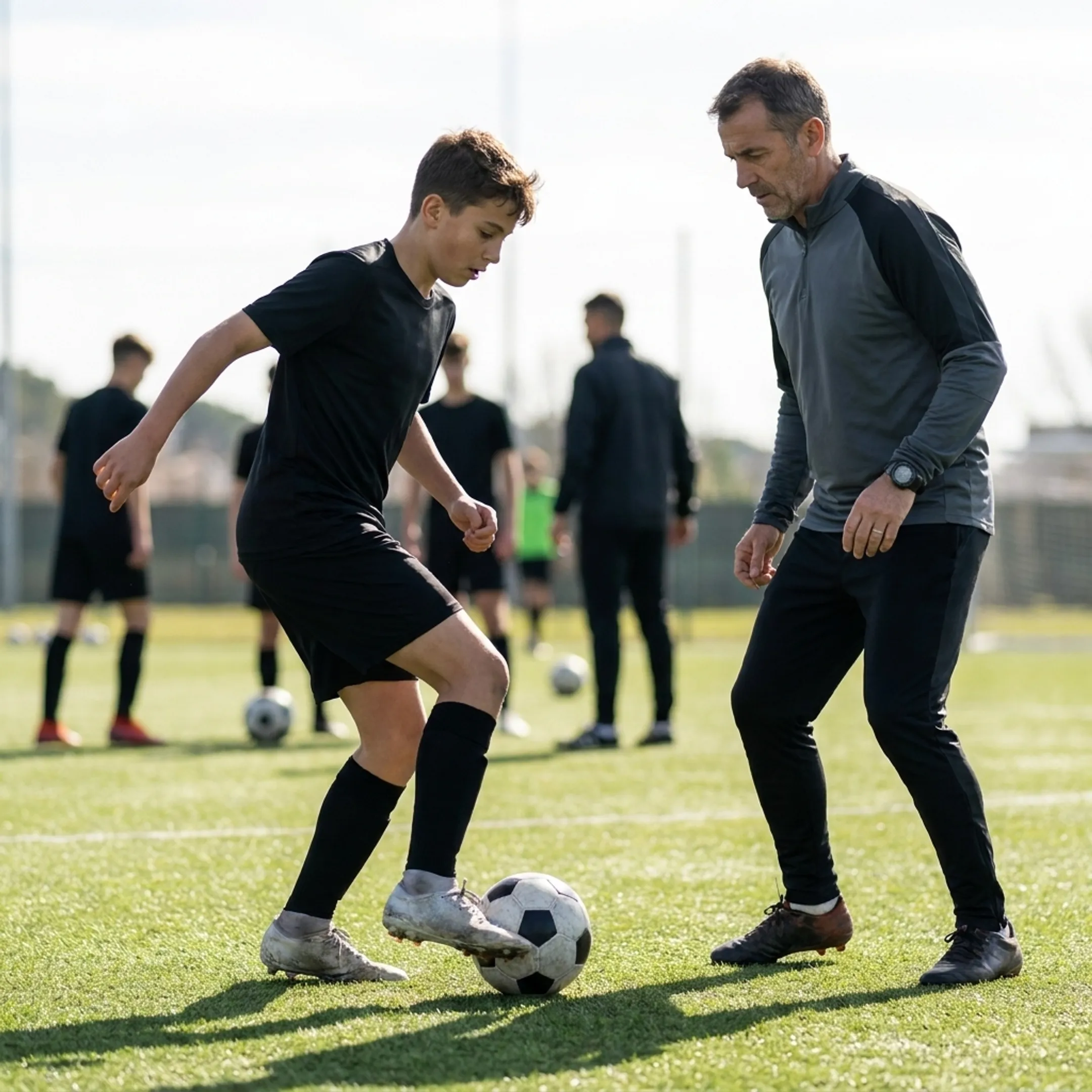 Soccer player receiving individualized one-on-one training from an elite coach on the pitch