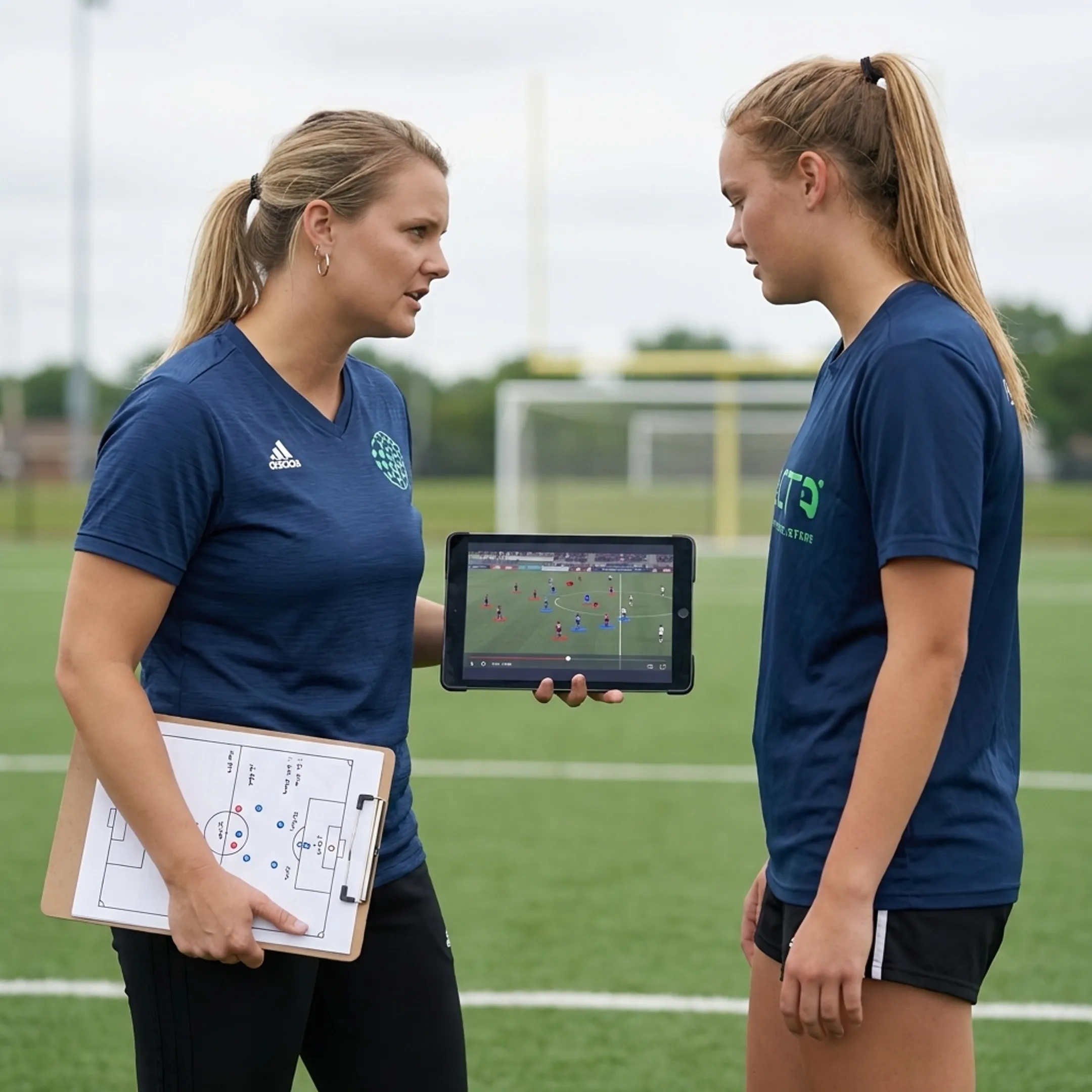 Dedicated soccer coach analyzing performance data and film with a focused soccer player