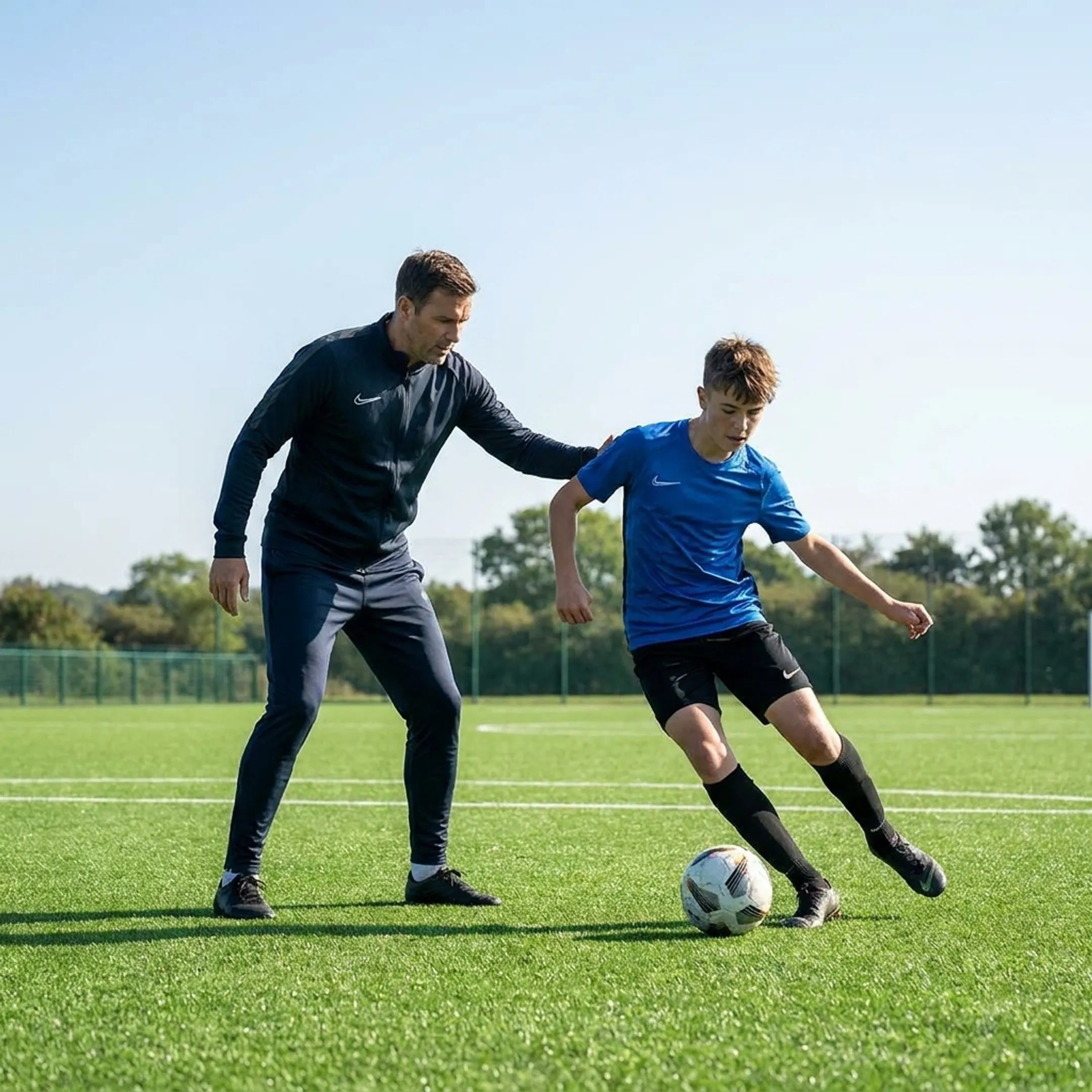 Soccer coach providing individual technical instruction to a young player on a soccer field
