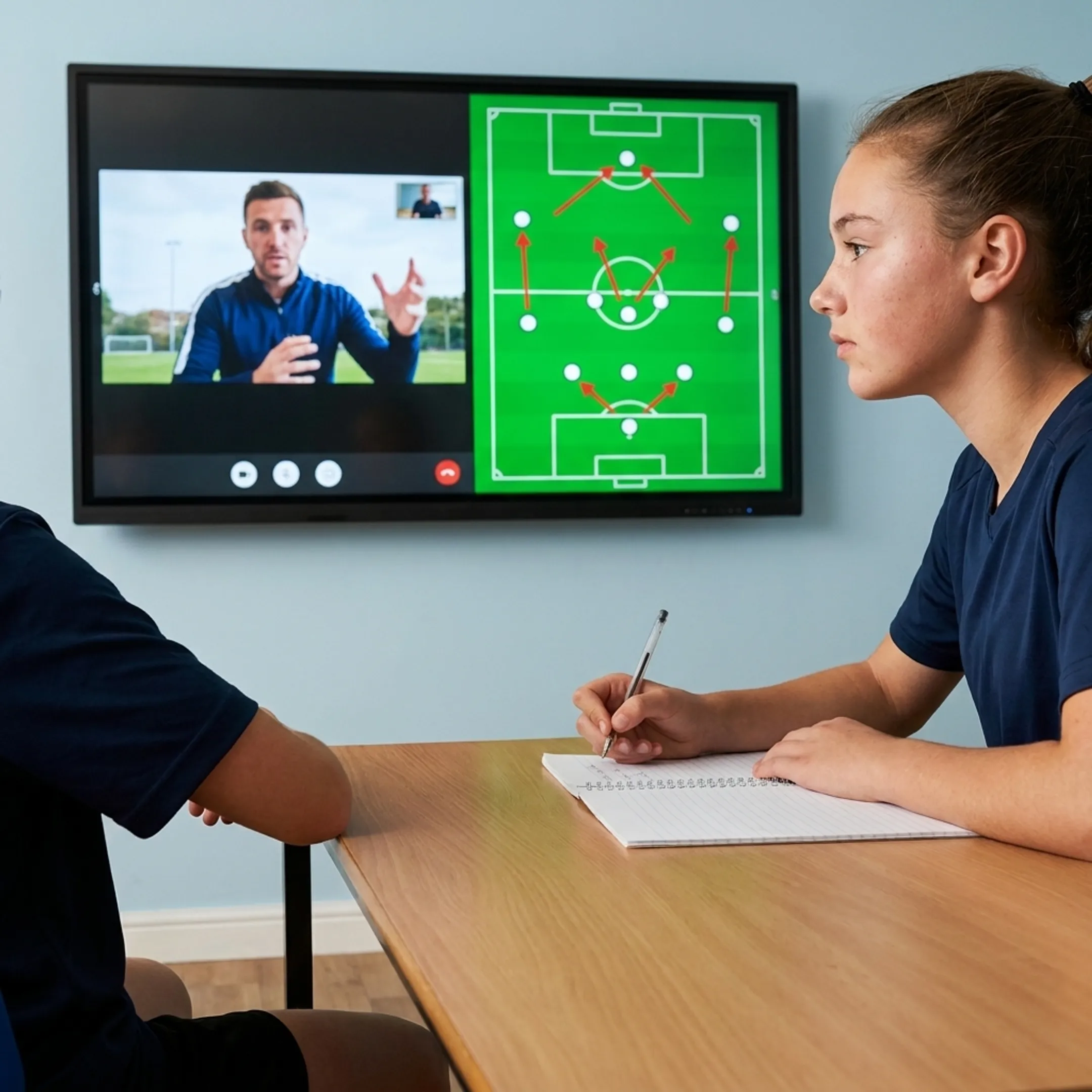 Competitive soccer player analyzing tactical positioning on screen.