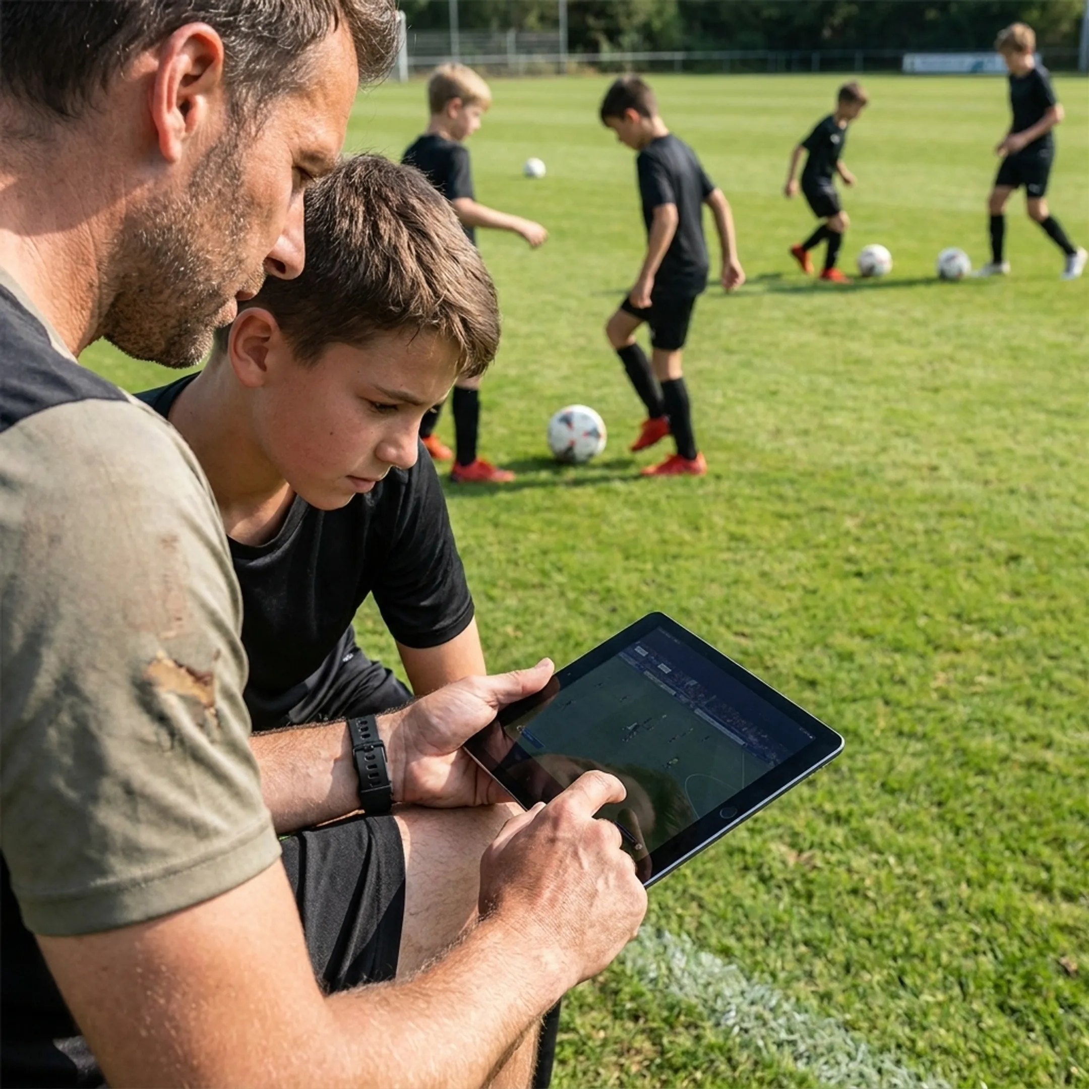 Soccer coach reviewing match film and tactical analysis with an athlete