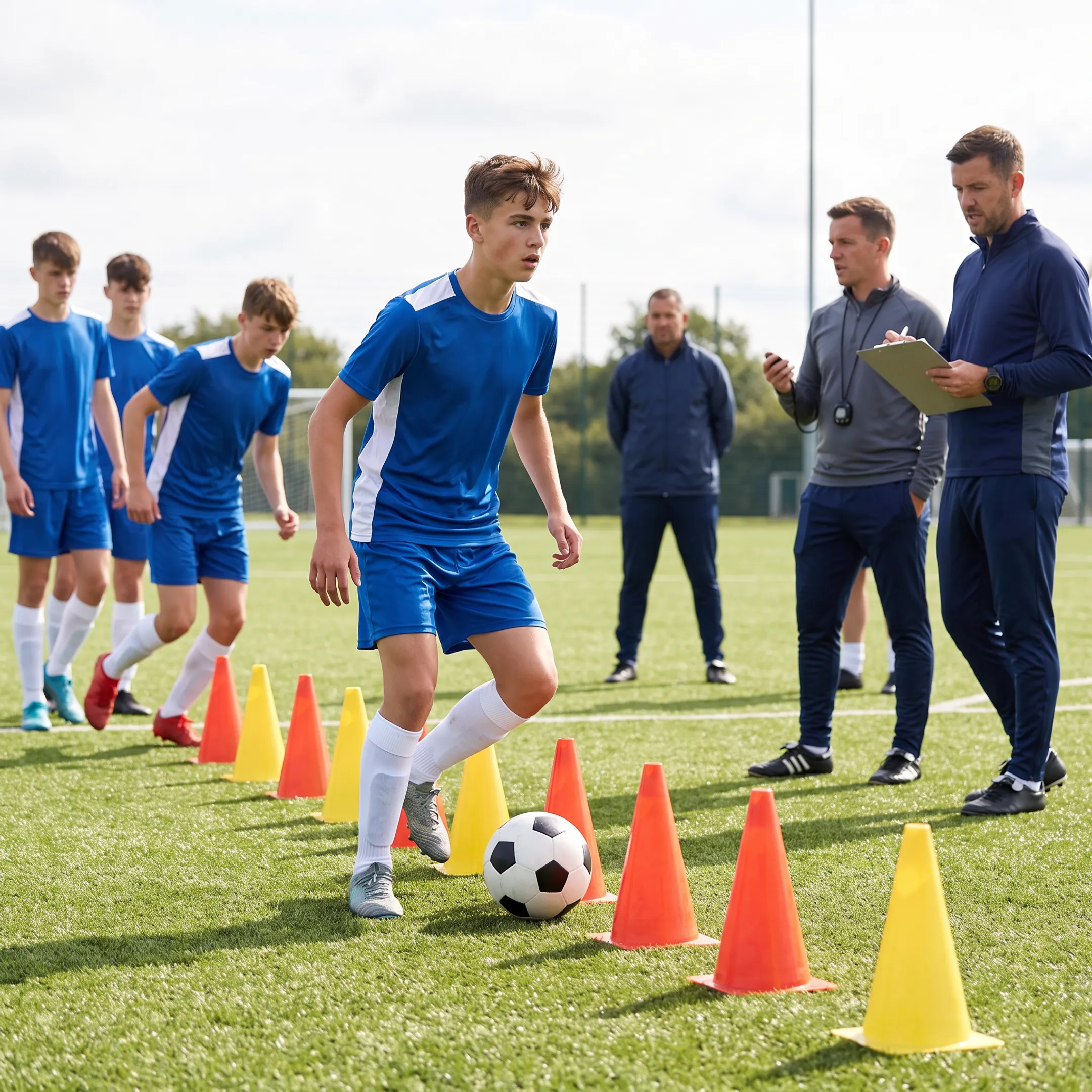 Competitive youth soccer player executing high-speed tactical decision during training