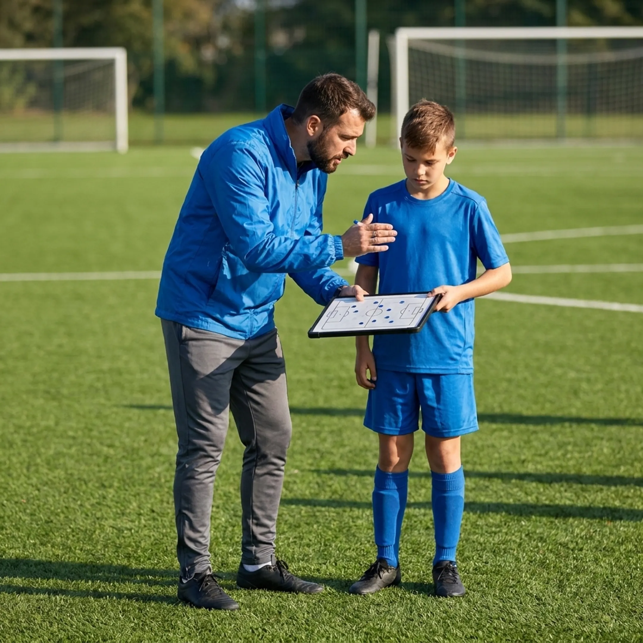 Personal trainer instructing a youth athlete on tactical positioning