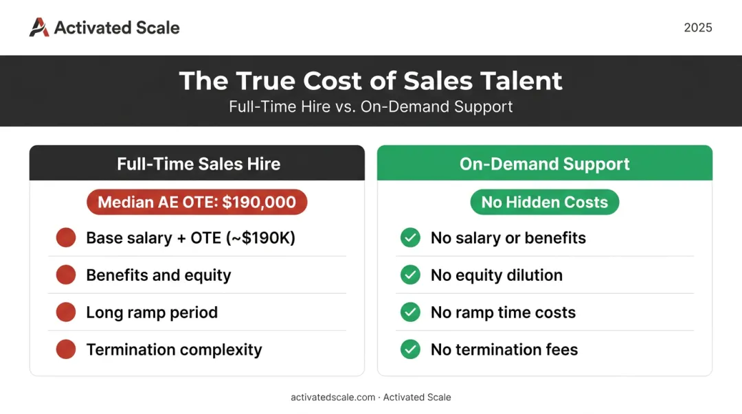 On-demand sales versus full-time hire cost comparison showing four key savings areas