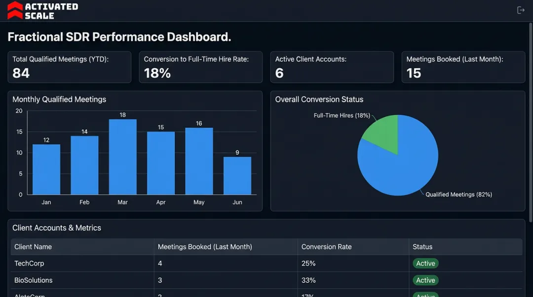 Fractional SDR performance dashboard showing monthly qualified meetings booked