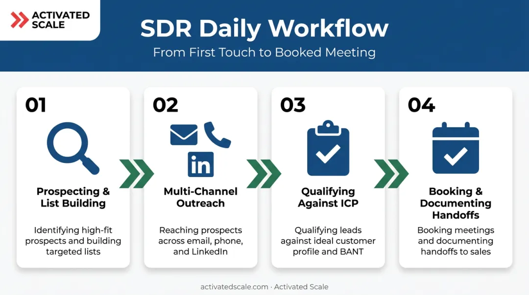4 core SDR daily activities from prospecting to handoff infographic
