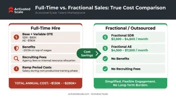 Full-time sales hire cost versus fractional outsourced talent monthly cost comparison infographic
