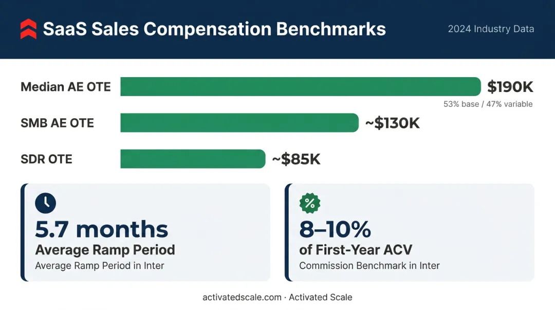 SaaS sales rep OTE compensation benchmarks SMB AE and SDR breakdown