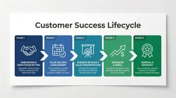 Five-phase customer success lifecycle for service companies process flow infographic