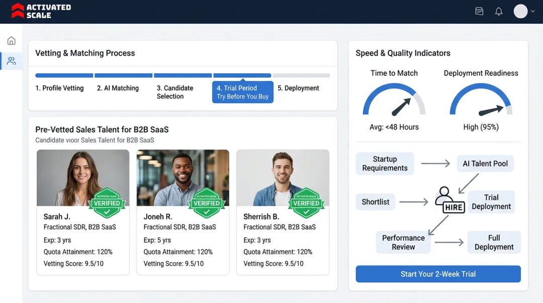 Activated Scale fractional sales platform dashboard showing talent matching and placement metrics