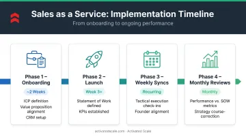 Sales as a Service onboarding and performance monitoring timeline from day one to monthly review