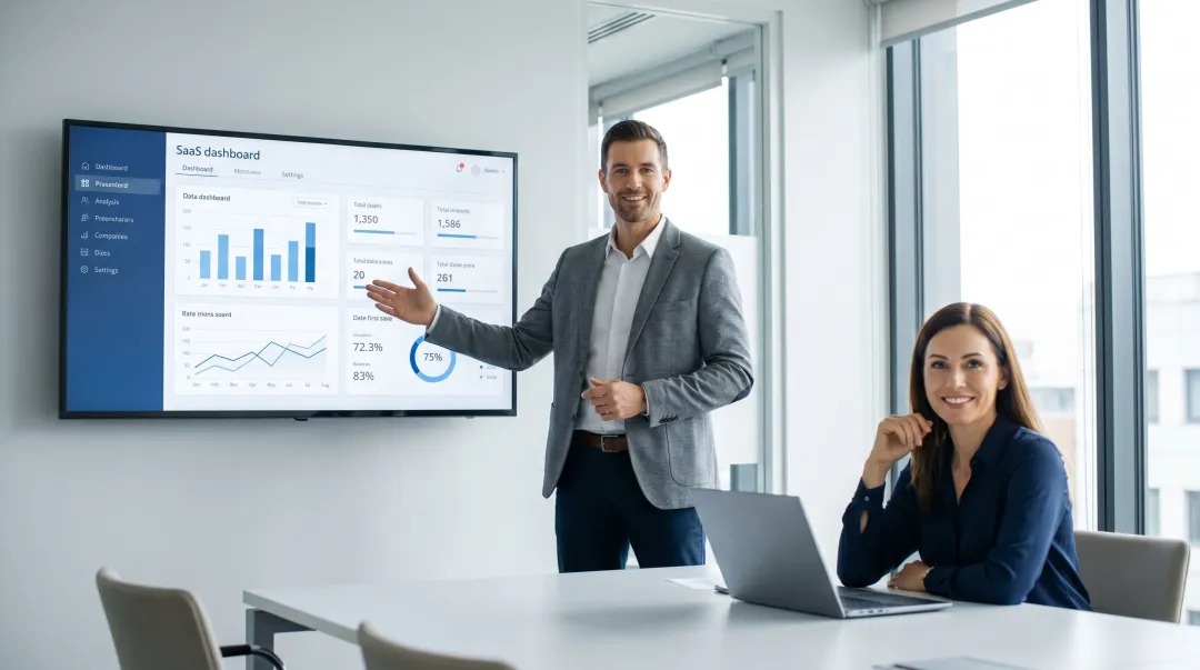 B2B SaaS sales team conducting mid-market product demo with prospective client
