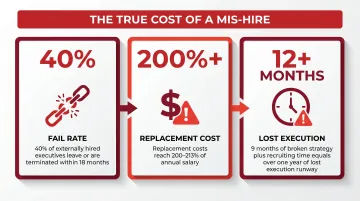 Executive hiring failure risk timeline showing cost of mis-hire at SaaS startups
