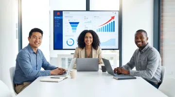 Startup founding team reviewing fractional executive KPI dashboard in modern office