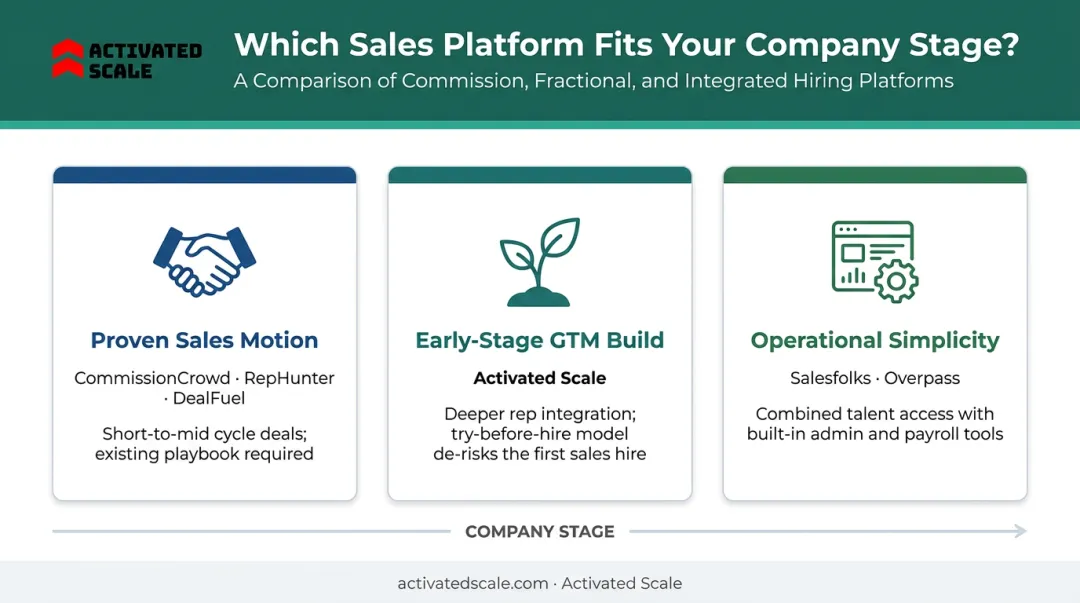 Sales rep platform type versus company stage matching framework comparison chart