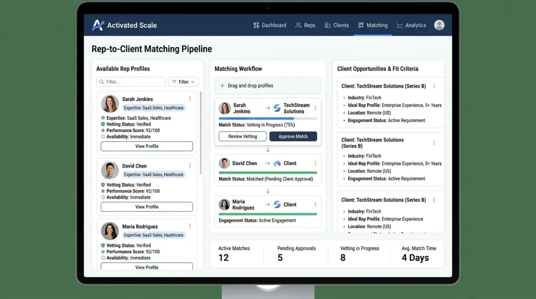 Activated Scale platform matching B2B sales reps with vetted startup clients dashboard
