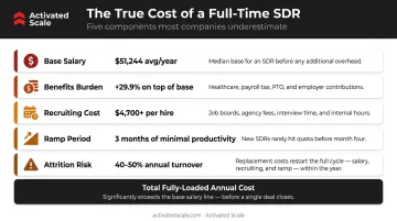 Full-time SDR total cost breakdown including salary benefits recruiting and attrition