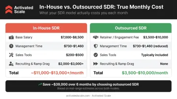 In-house SDR versus outsourced SDR true monthly cost side-by-side comparison chart