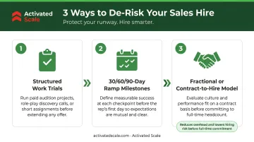 Three-step process to de-risk startup sales hiring decisions infographic